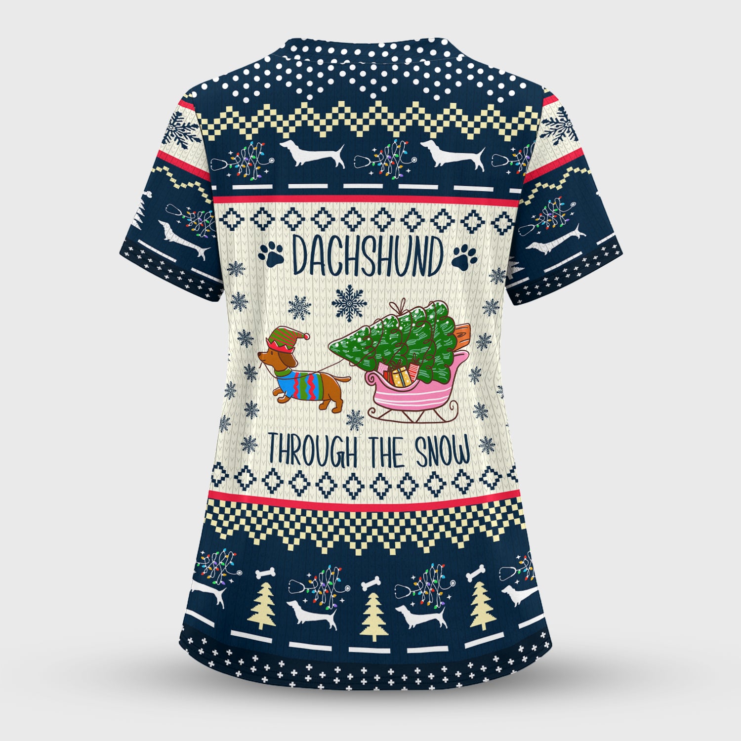 Christmas Dachshund Scrub Top, Cute Wiener Dog Holiday Medical Uniform, Funny “Dachshund Through The Snow” Scrubs For Nurse Or Dog Lover