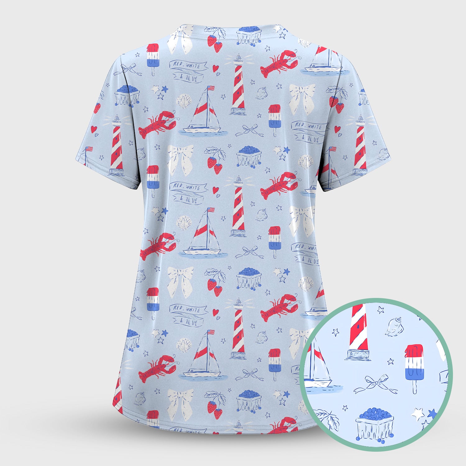 Lobster Lighthouse Sailboat Pattern Scrub Top, Comfortable Scrubs for Nurses