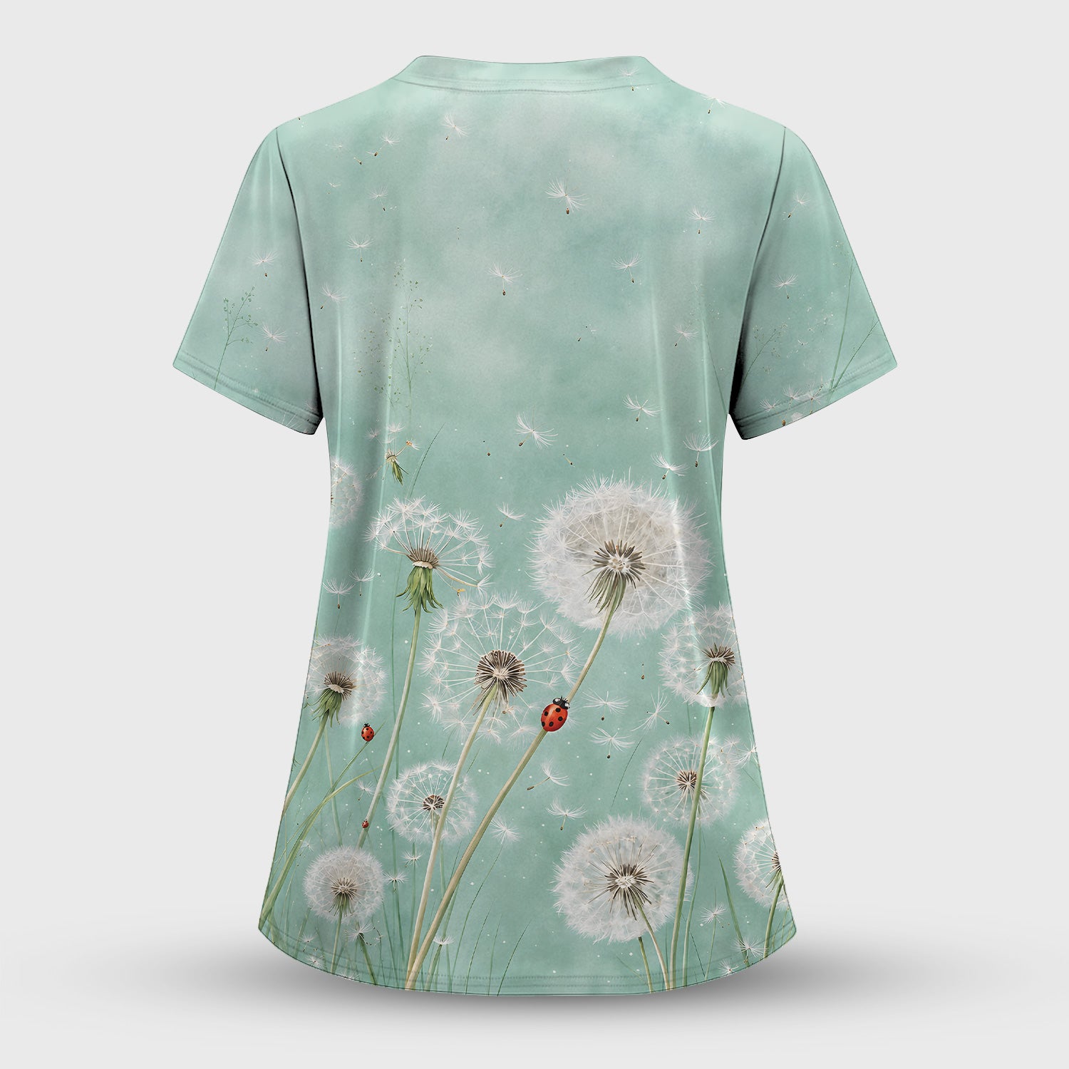 Dandelion Wishes Ladybug Meadow Pattern Scrub Set, Scrub Pants and V Neck Top