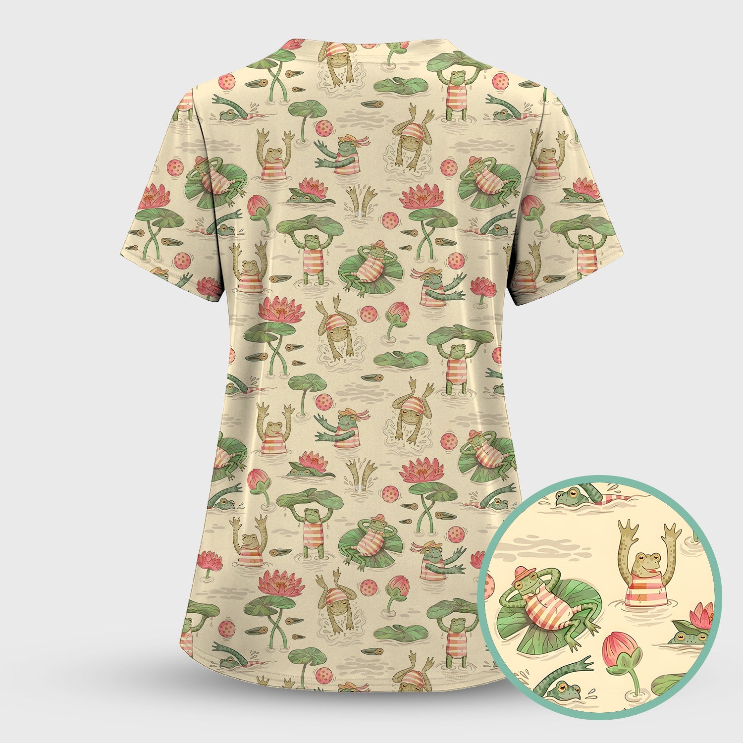 Cute Frogs Swimming Lily Pond Pattern Scrub Top, Comfortable Scrubs for Nurses