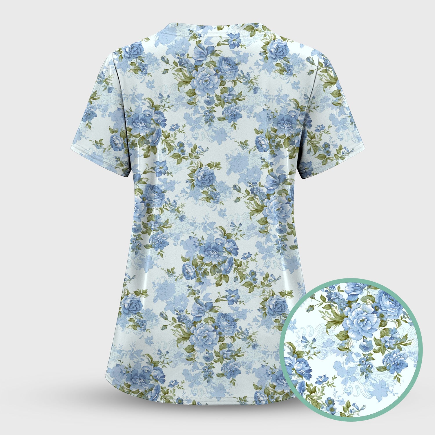 Cute Blue Floral Pattern Scrub Top, Comfortable Scrubs for Nurses