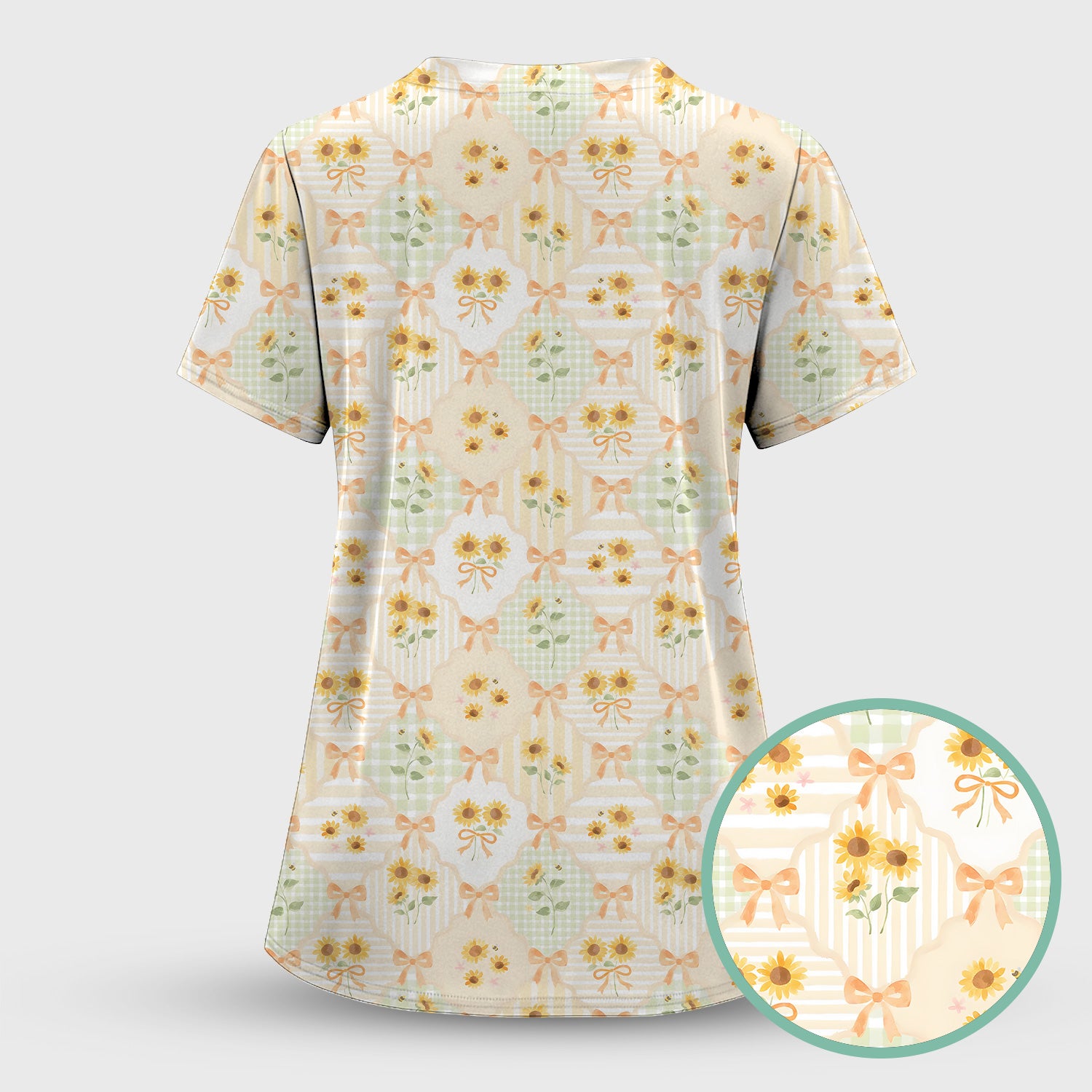 Cute Sunflower Ribbon Patchwork Pattern Scrub Top, Comfortable Scrubs for Nurses