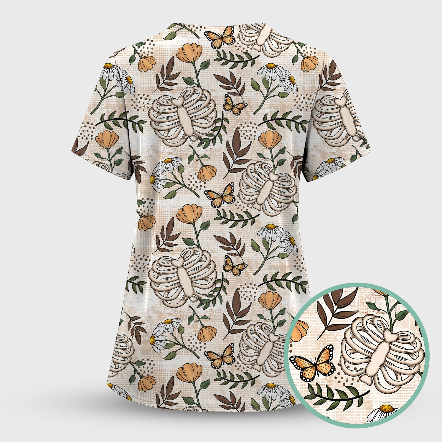 Skeleton Ribcage With Daisy And Butterfly Floral Scrub Top, Breathable Fabrics Nursing Uniform