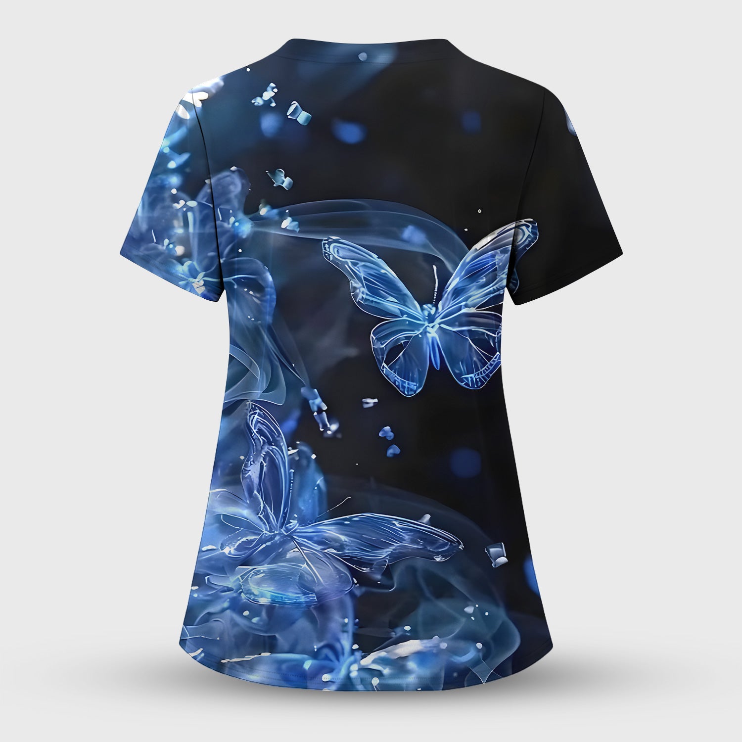 Glowing Blue Butterfly Garden Pattern Scrub Top, Comfortable Scrubs for Nurses