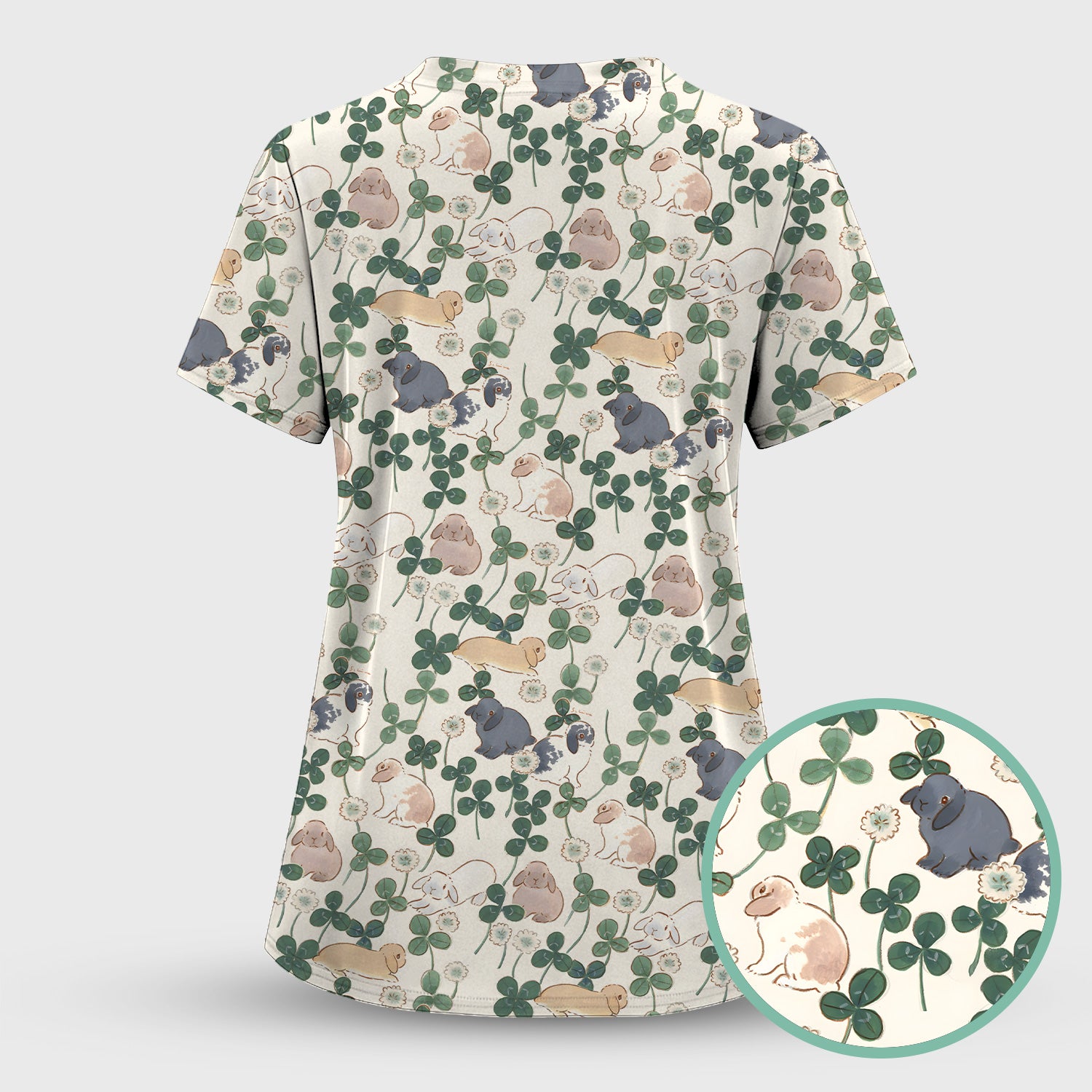 Cute Bunny Clover Garden Meadow Pattern Nurse Scrub Top, Comfortable Scrubs for Nurses