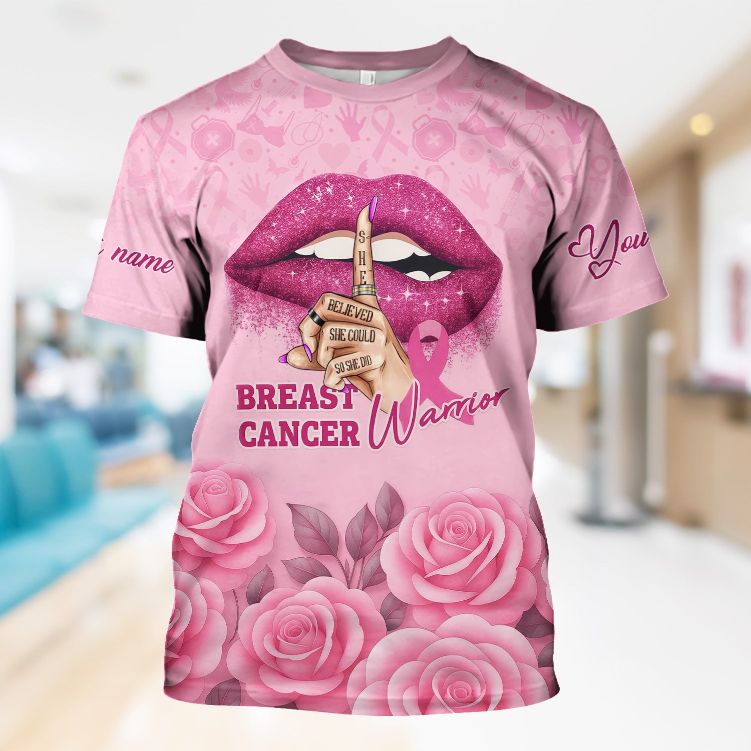 Custom Breast Cancer Awareness Floral Scrub - Pink Ribbon & Rose Pattern Graphic - Gift for RN LPN CNA