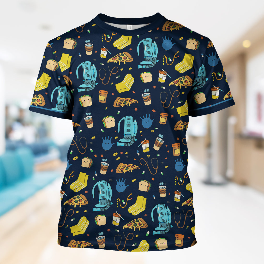 Funny Nurse Shirt with Medical Icons - Cute Cartoon Graphic Tee for Women - Gift for RN, CNA, Healthcare Worker