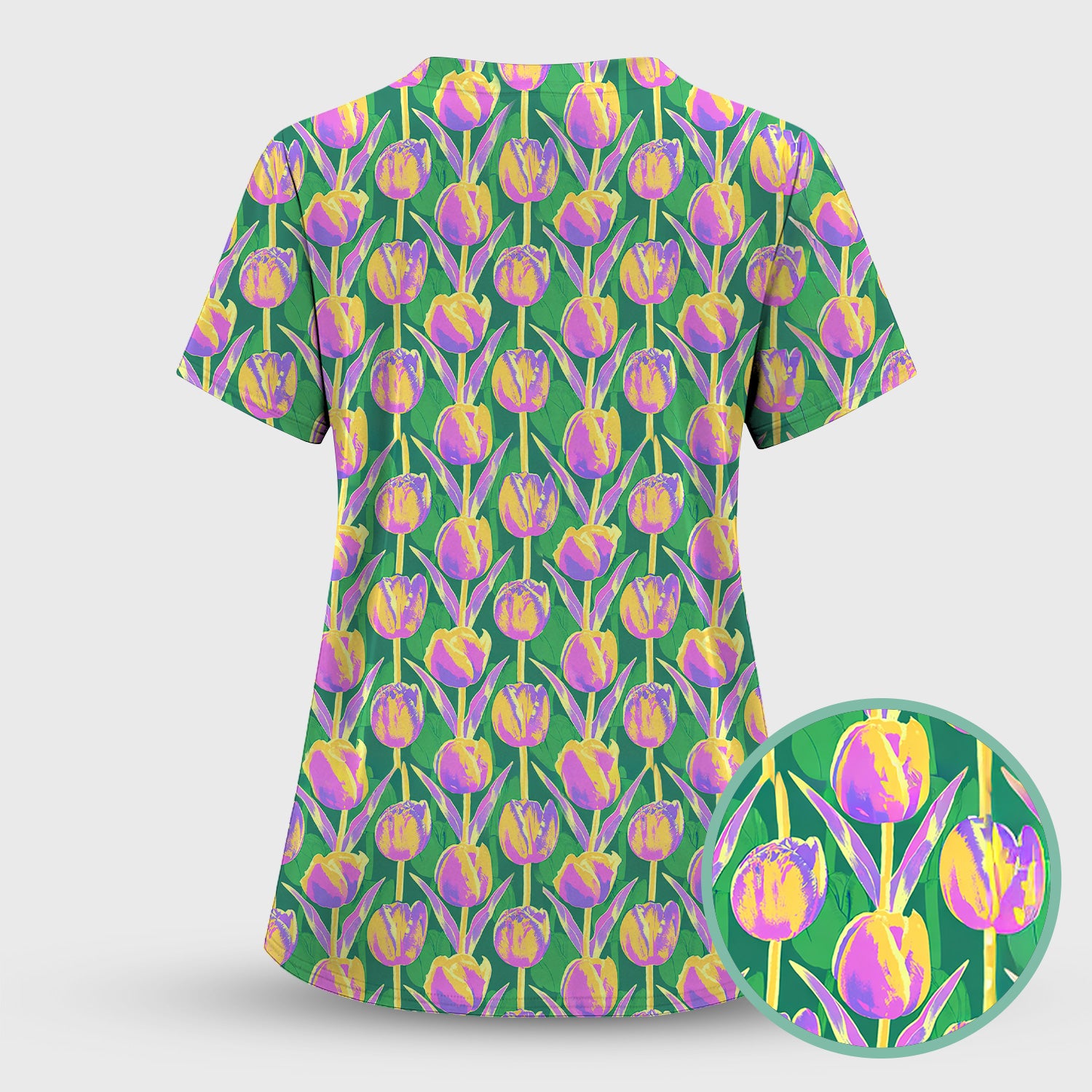 Colorful Tulip Floral Pattern Scrub Set, Scrub Pants and V Neck Top