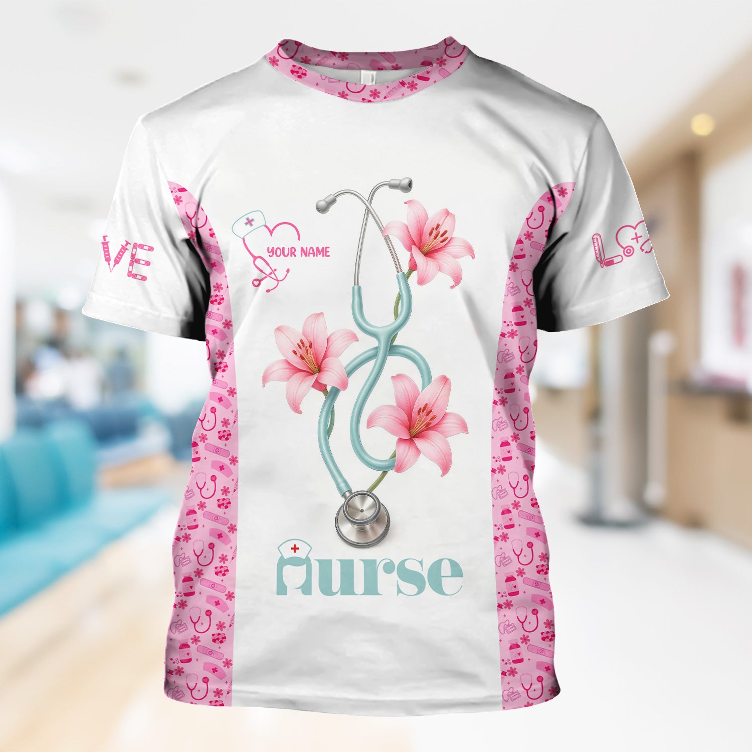 Personalized Nurse Scrubs - Pink Floral Stethoscope Design with Name Customization - Gift for RN, CNA, LPN