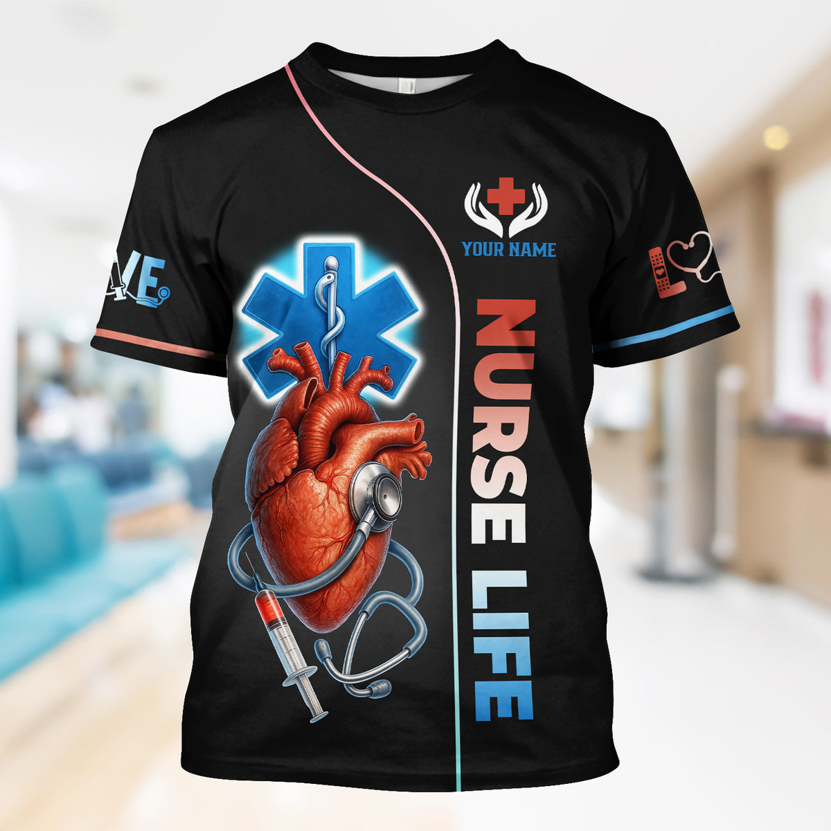 Personalized Nurse Life Scrub Top - Anatomical Heart with Stethoscope Design - Custom Name Medical Uniform for RN, LPN, CNA