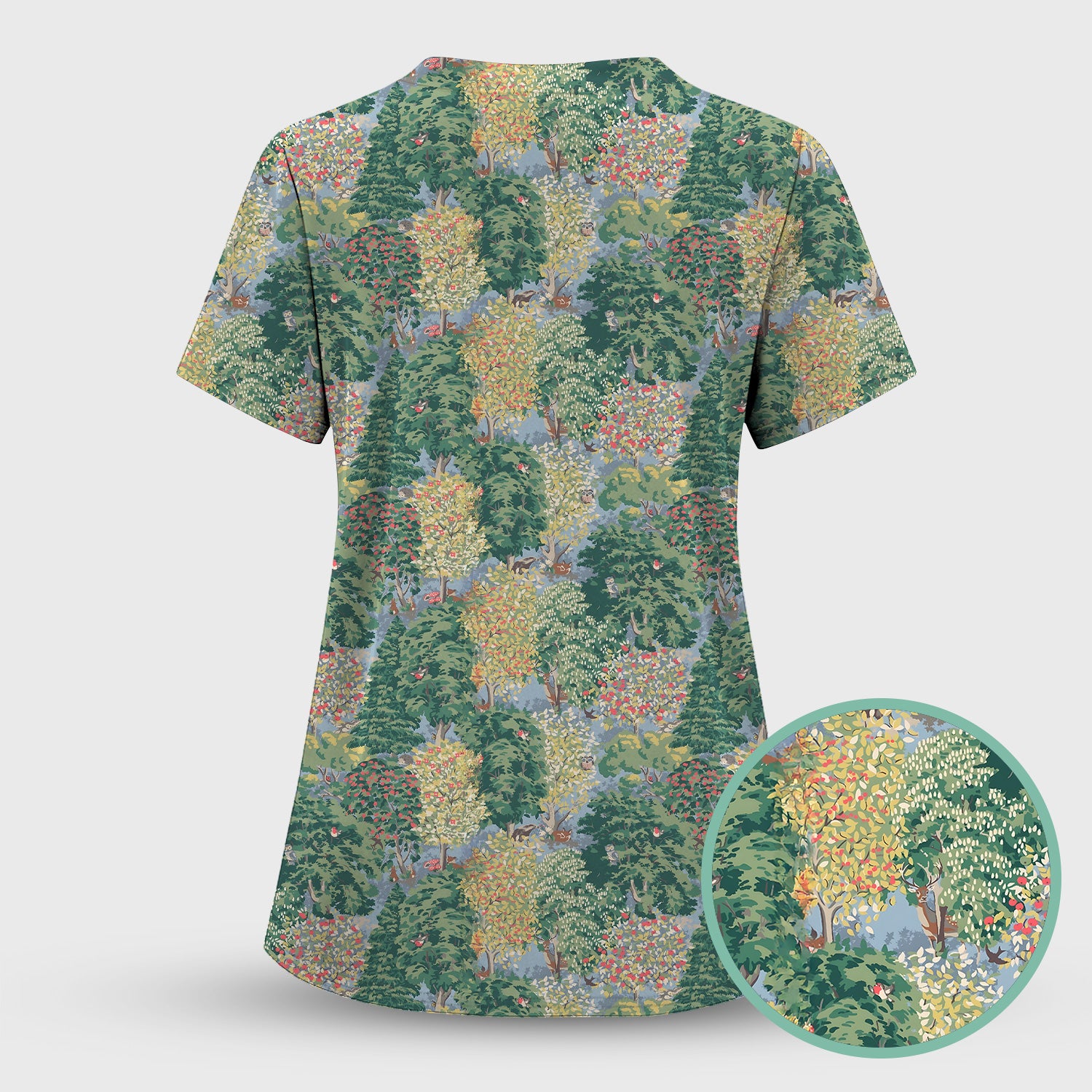 Forest Landscape Pattern Scrub Set, Scrub Pants and V Neck Top