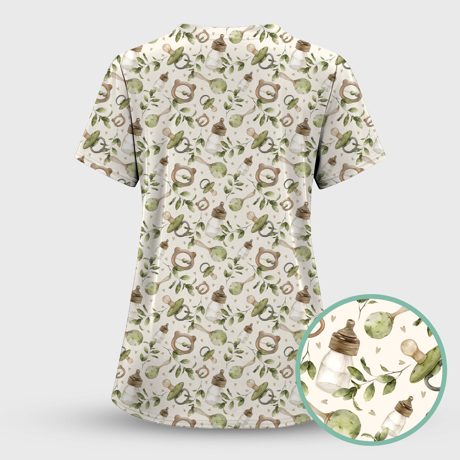 Cute Baby Bottle and Greenery Pattern Scrub Top, Breathable Fabrics Nursing Uniform