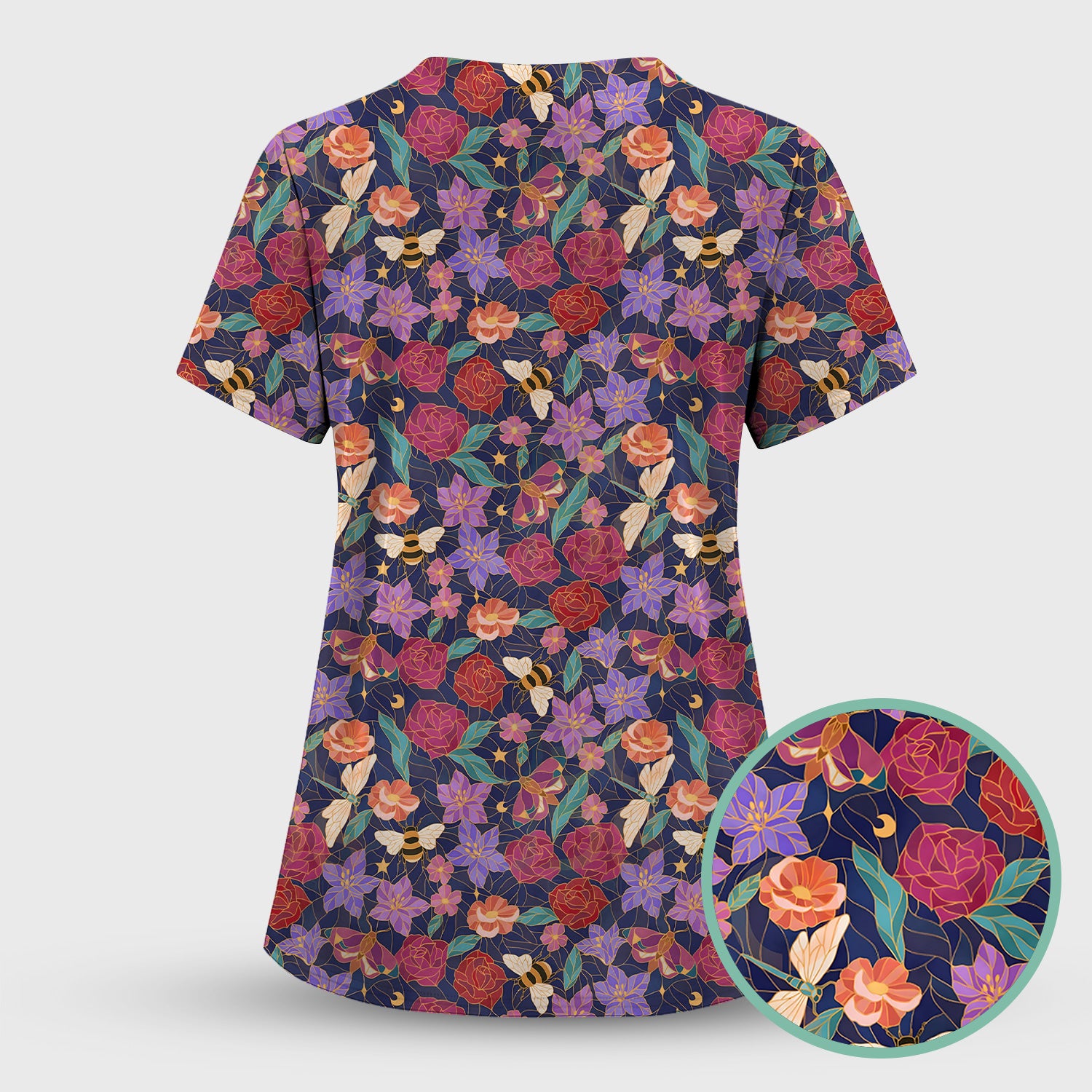 Charming Floral Garden With Bees And Dragonflies Scrub Set, Scrub Pants and V Neck Top