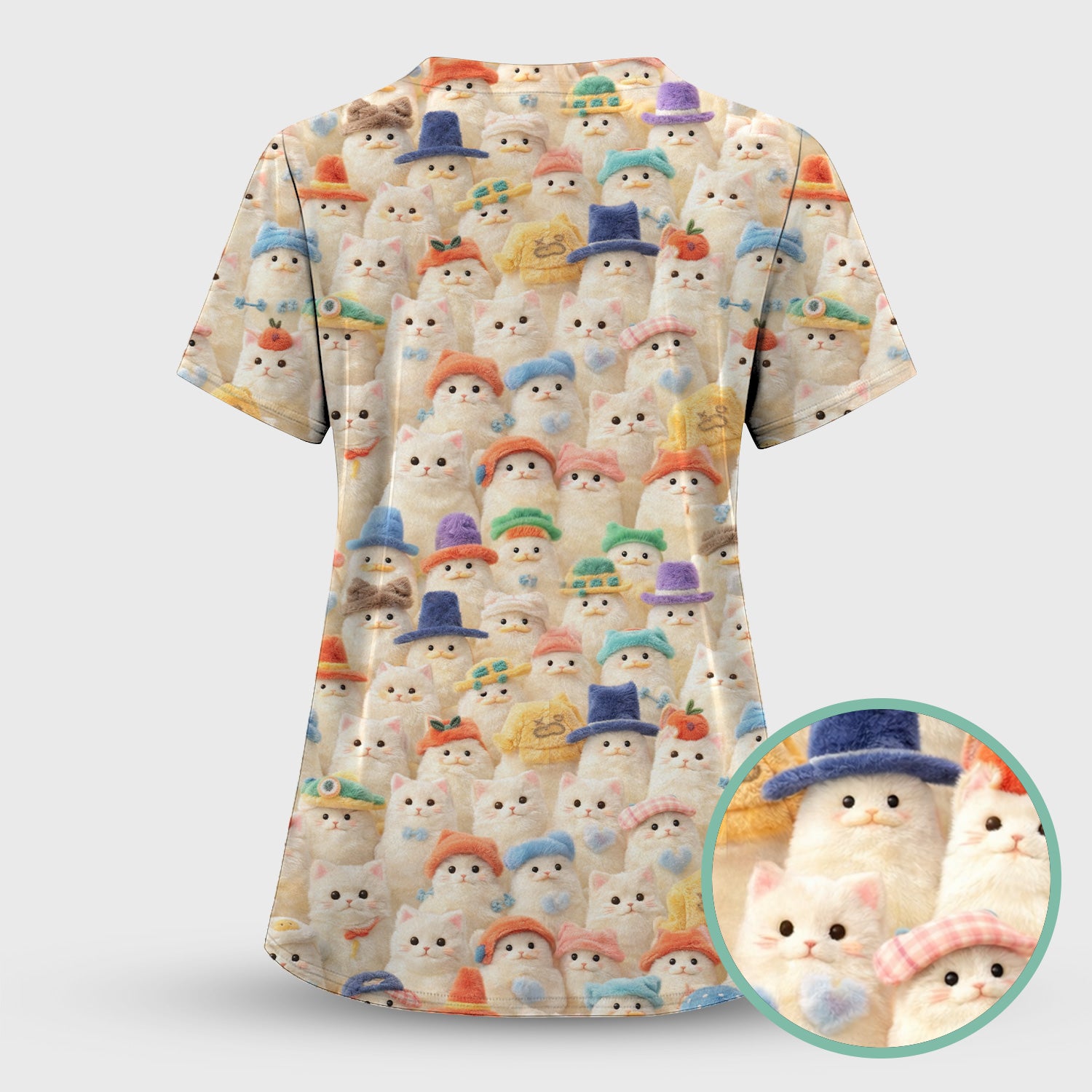Adorable Cats Wearing Colorful Hats Pattern Scrubs Top, Comfortable Scrubs for Nurses