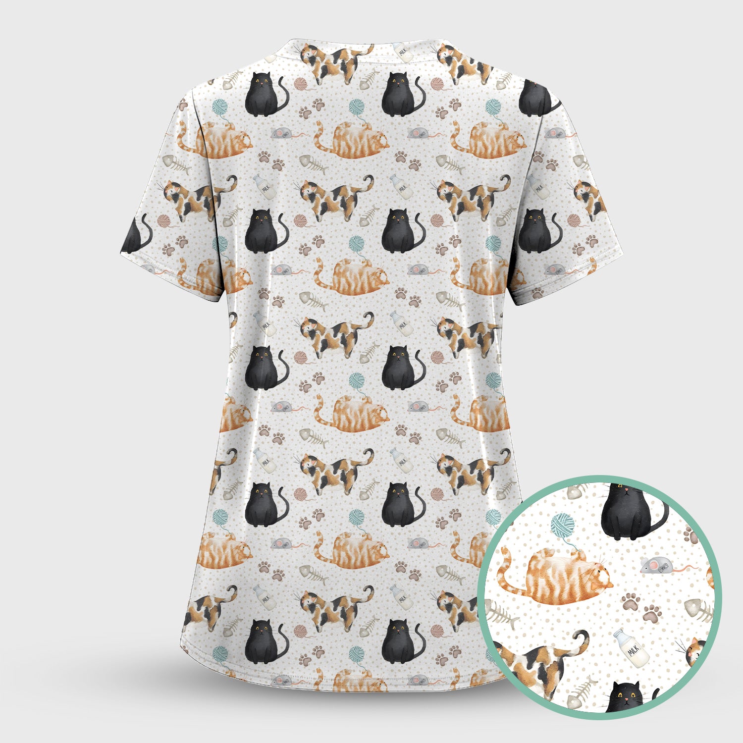 Cute Cat Yarn Paw Pattern Scrub Set, Scrub Pants and V Neck Top