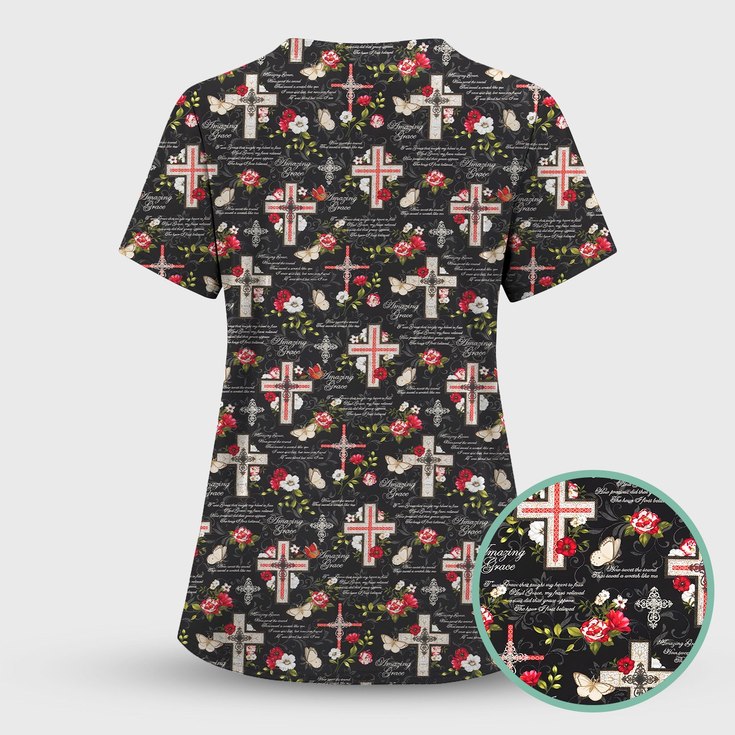 Christian Cross Roses And Butterflies Print Scrub Top, Comfortable Scrubs for Nurses