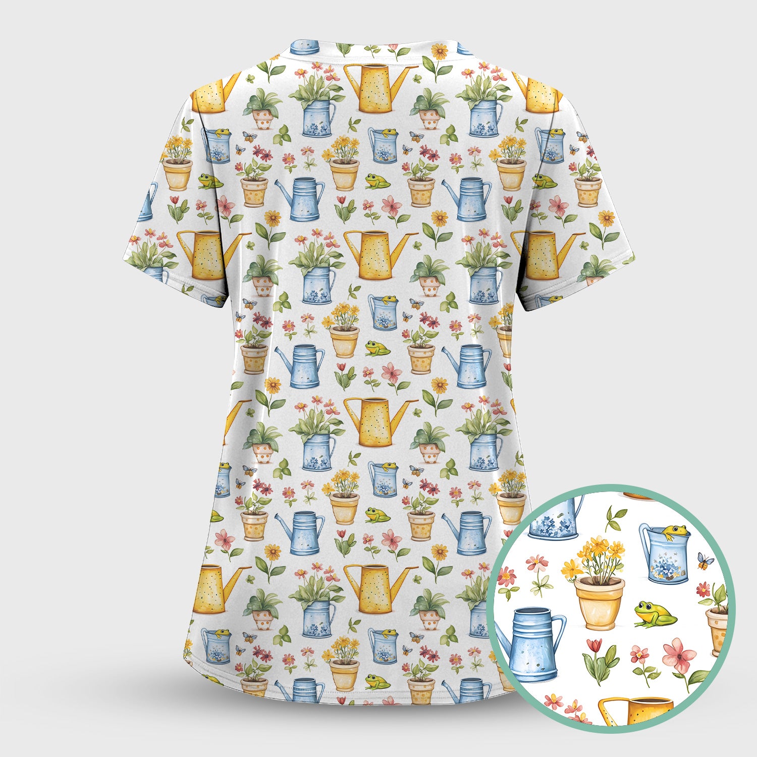 Watering Can and Flower Pot Garden Scrub Set, Scrub Pants and V Neck Top