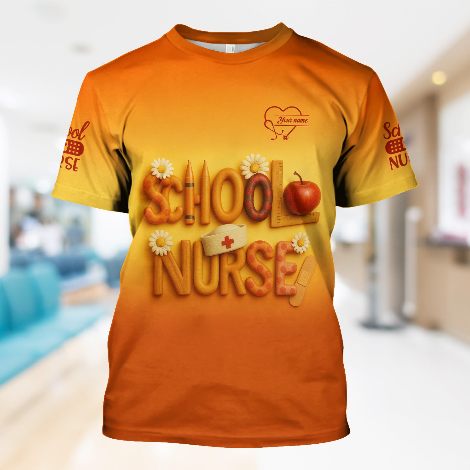 Custom School Nurse Scrub Top - Cute Apple Pencil Design with Bandages and Daisies - Back to School Gift for RN LPN Healthcare Workers
