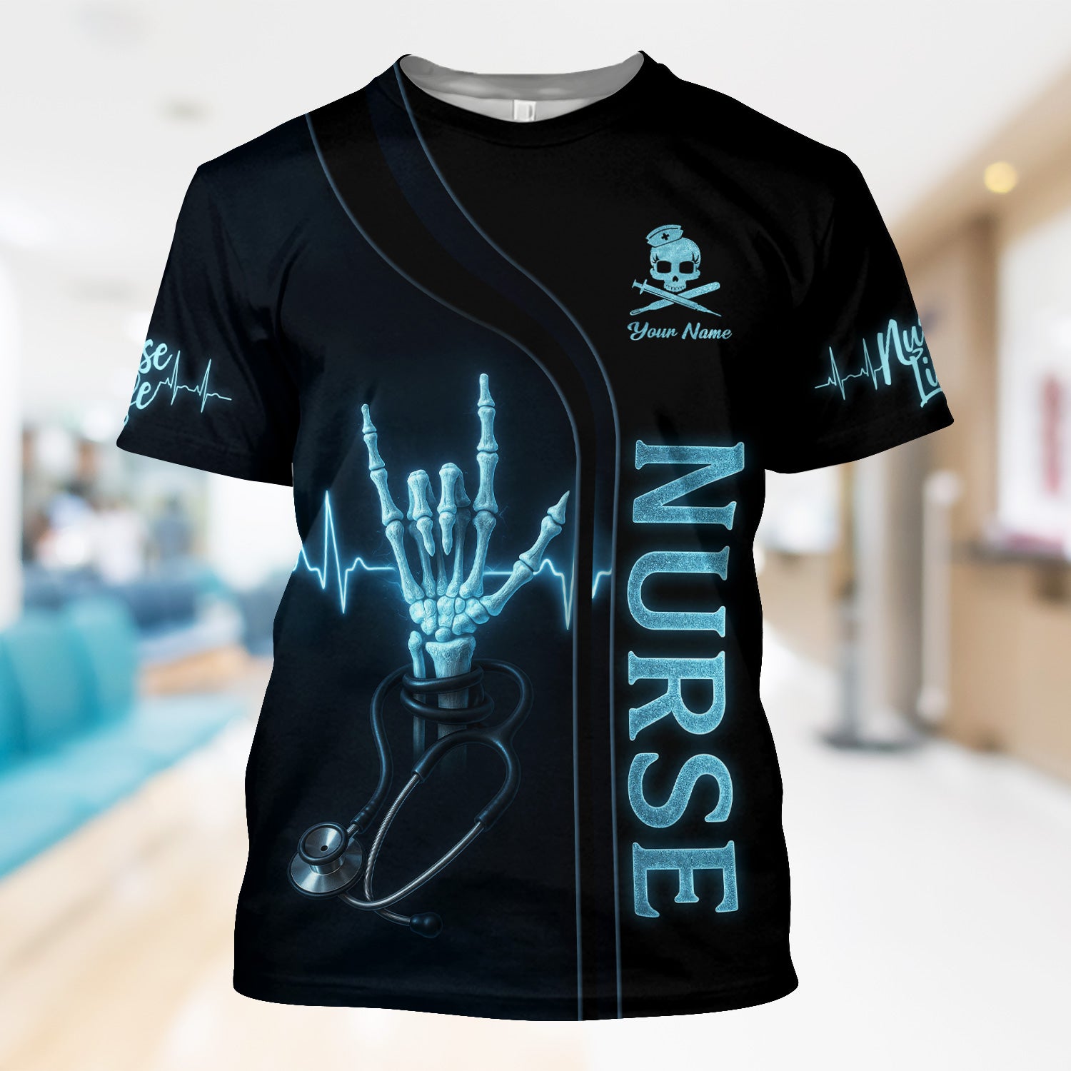 Custom Skeleton Hand Nurse Scrub Top - Rockin the Nurse Life  Quote - Gift for RN, CNA, LPN, Healthcare Worker