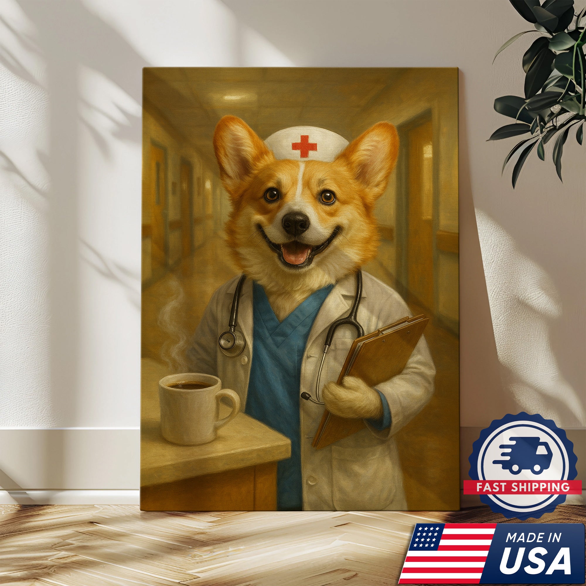 Funny Corgi Nurse Canvas, Cute Nurse Poster Wall Art For Clinic, Nursing Gift For RN, Corgi Nurse Poster