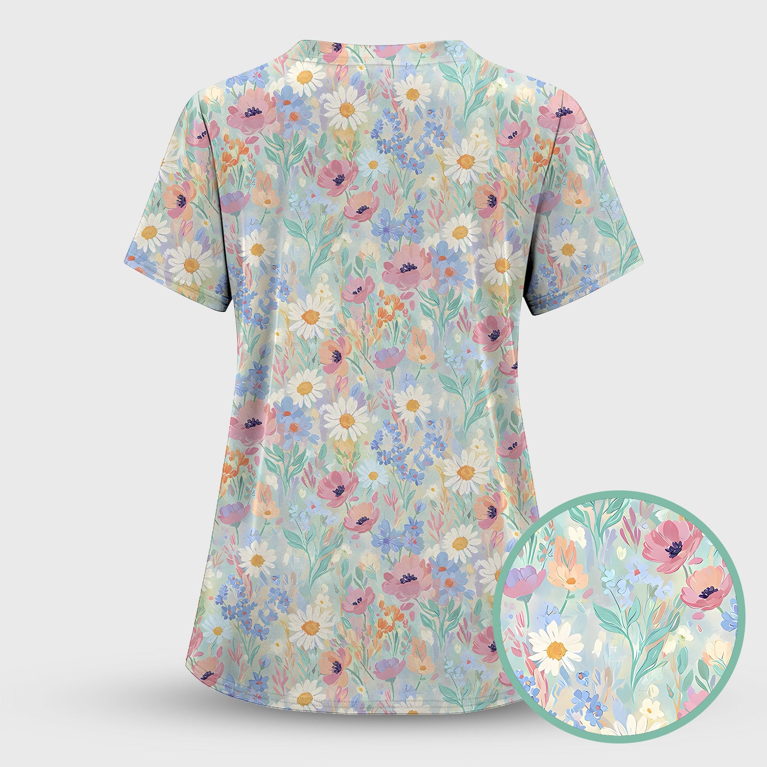 Pastel Wildflower Meadow Floral Pattern Scrub Set, Scrub Pants and V Neck Top