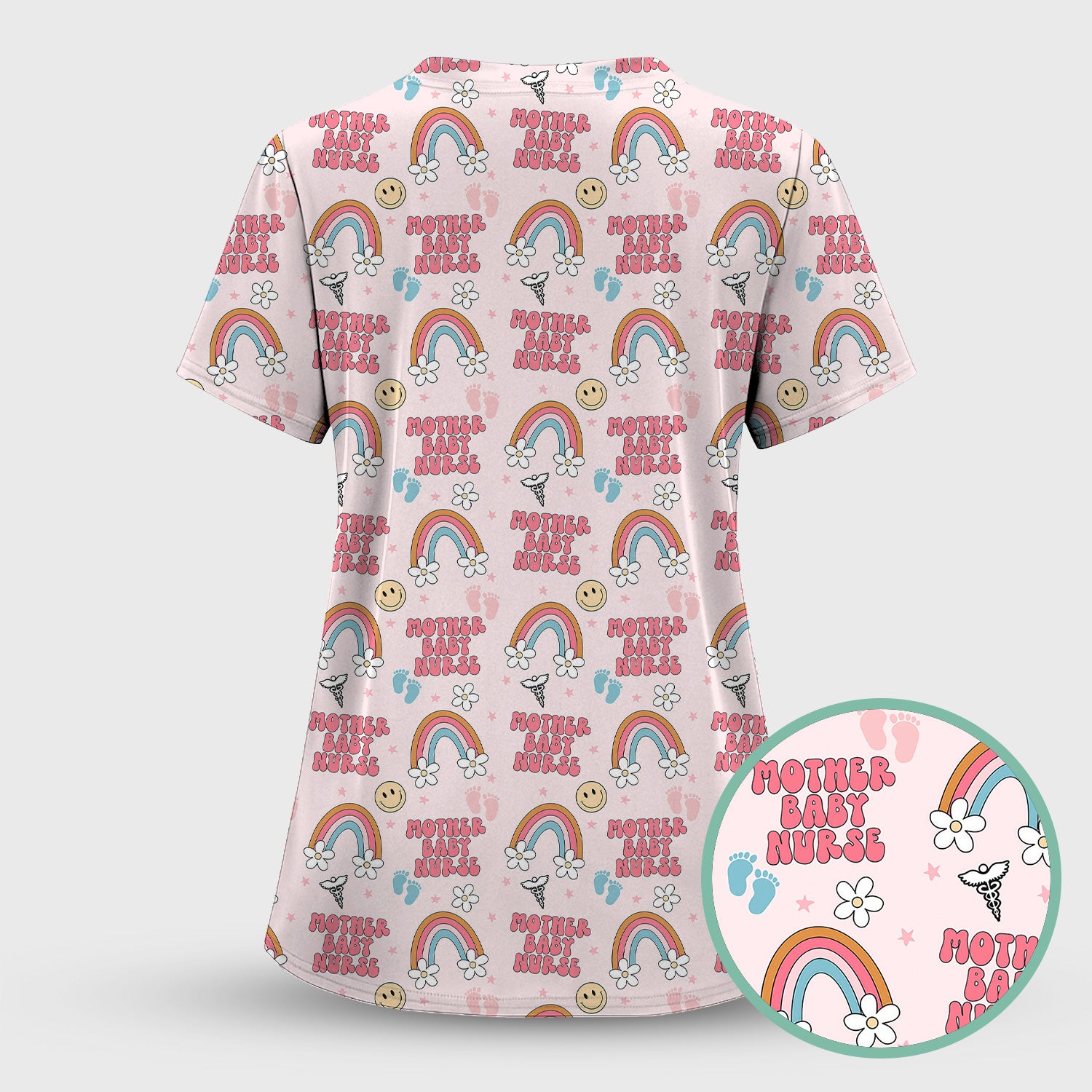 Sweet Mother Baby Nurse Rainbow Pattern Scrub Set, Scrub Pants and V Neck Top