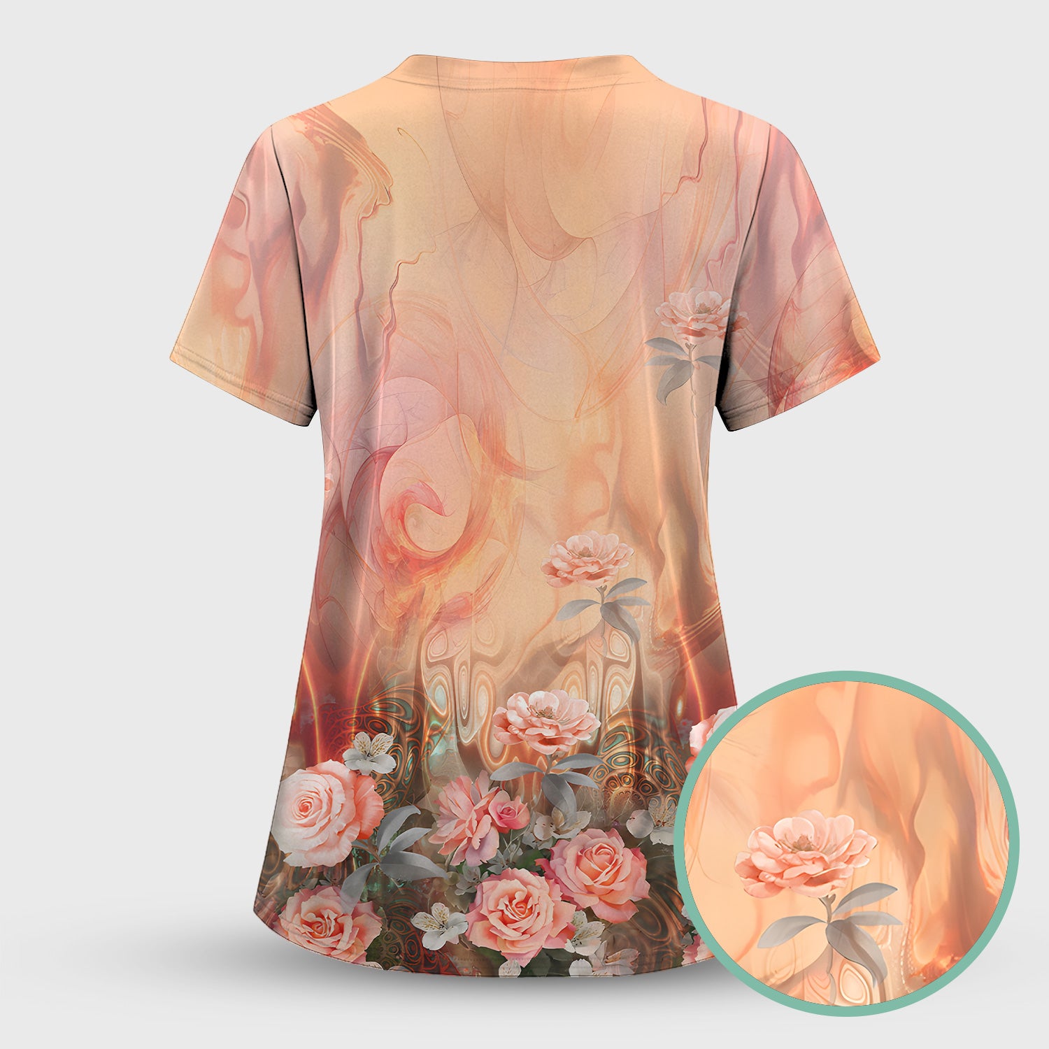 Elegant Peach Marble Rose Pattern Scrub Top, Comfortable Scrubs for Nurses
