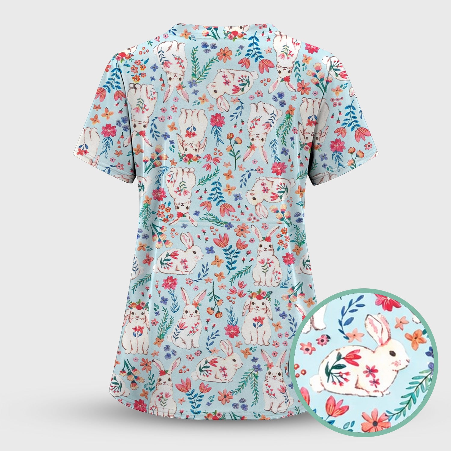 Springtime Bunny Floral Pattern Scrub Set, Scrub Pants and V Neck Top