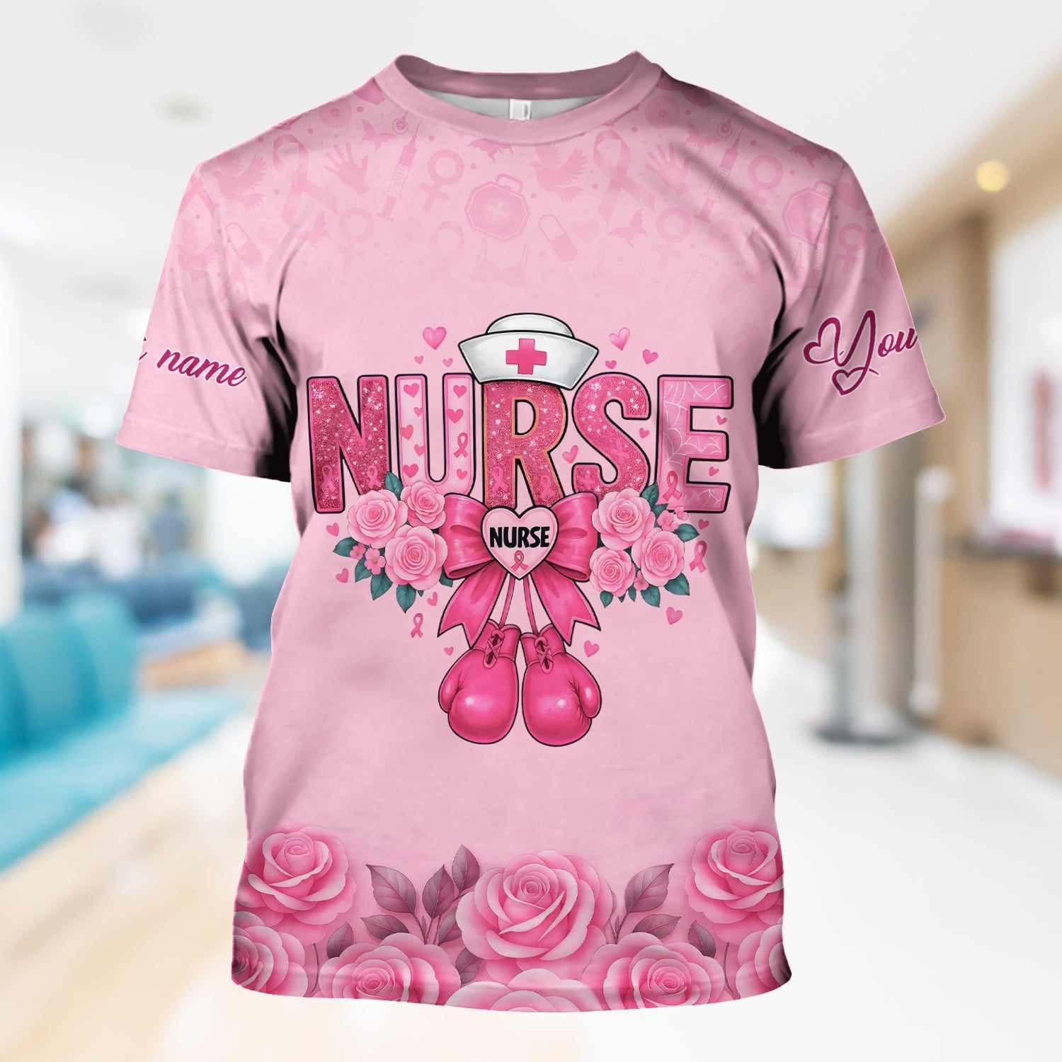Personalized Breast Cancer Fighter Shirt - Pink Boxing Gloves & Rose Floral Design - Gift for RN LPN CNA