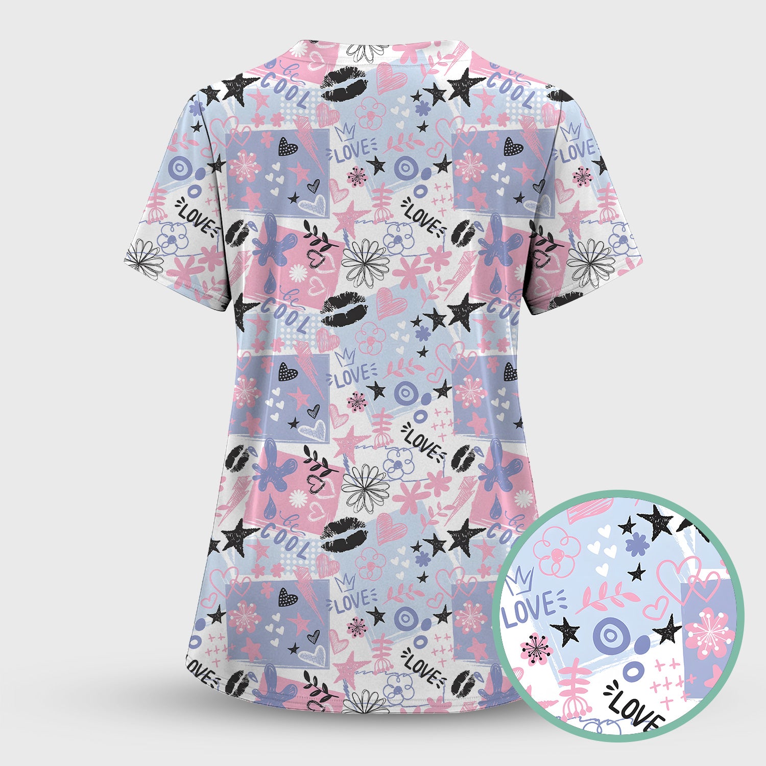 Cute Love Hearts Doodle Print Scrub Top, Comfortable Scrubs for Nurses
