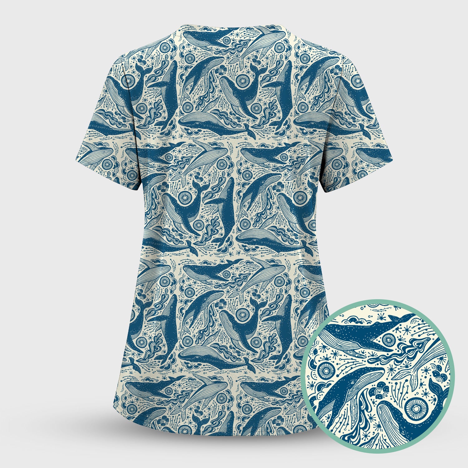 Blue Whale Ocean Pattern Scrub Top, Breathable Fabrics Nursing Uniform
