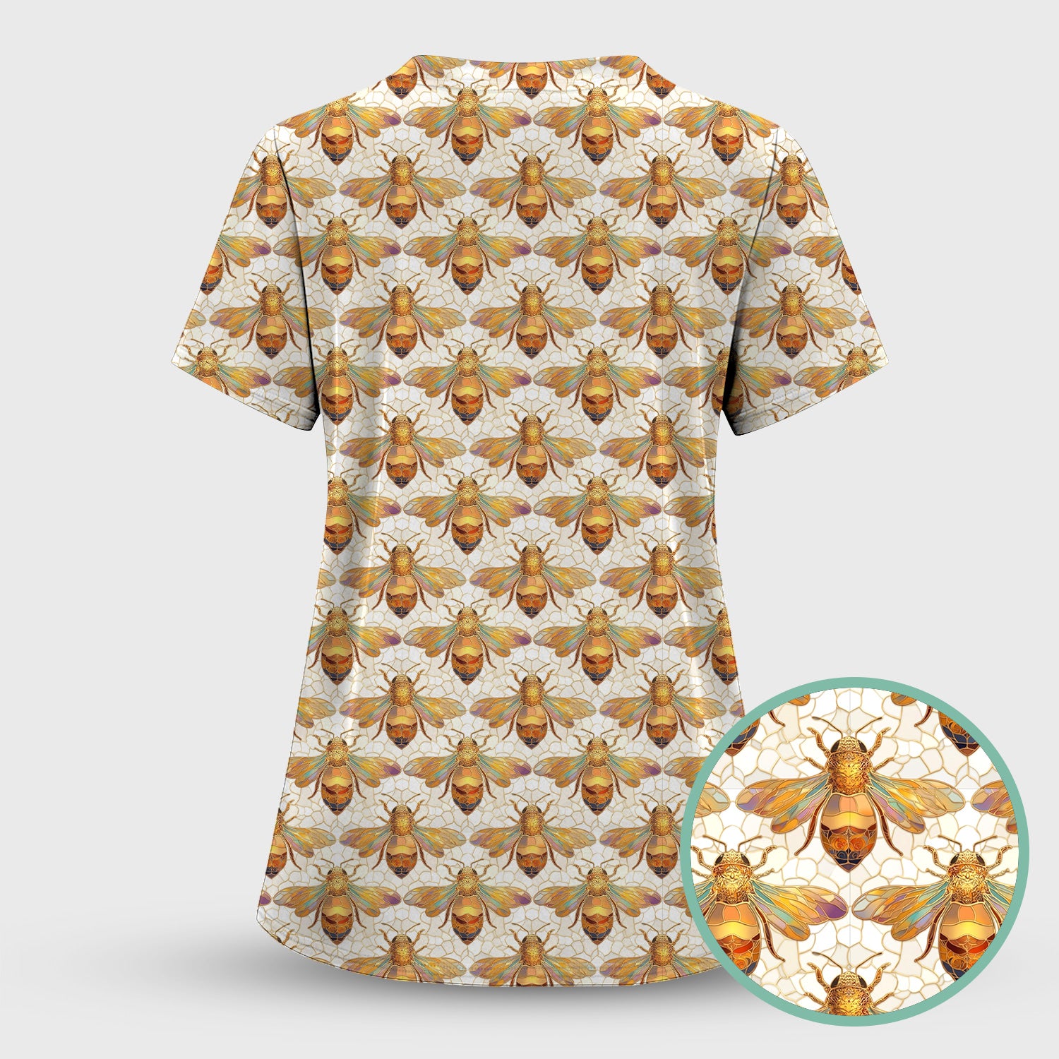 Golden Honey Bee Honeycomb Nurse Pattern Scrub Set, Scrub Pants and V Neck Top