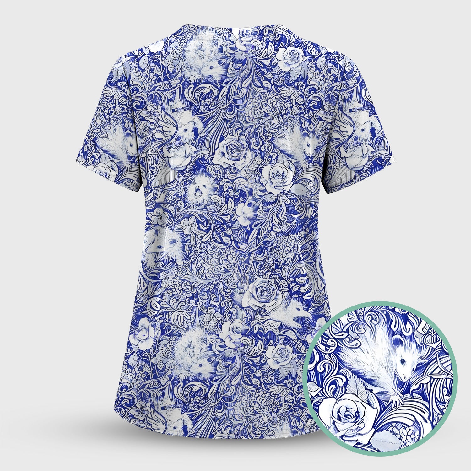 Blue Toile Porcupine Floral Pattern Scrub Set, Scrub Pants and V Neck Top