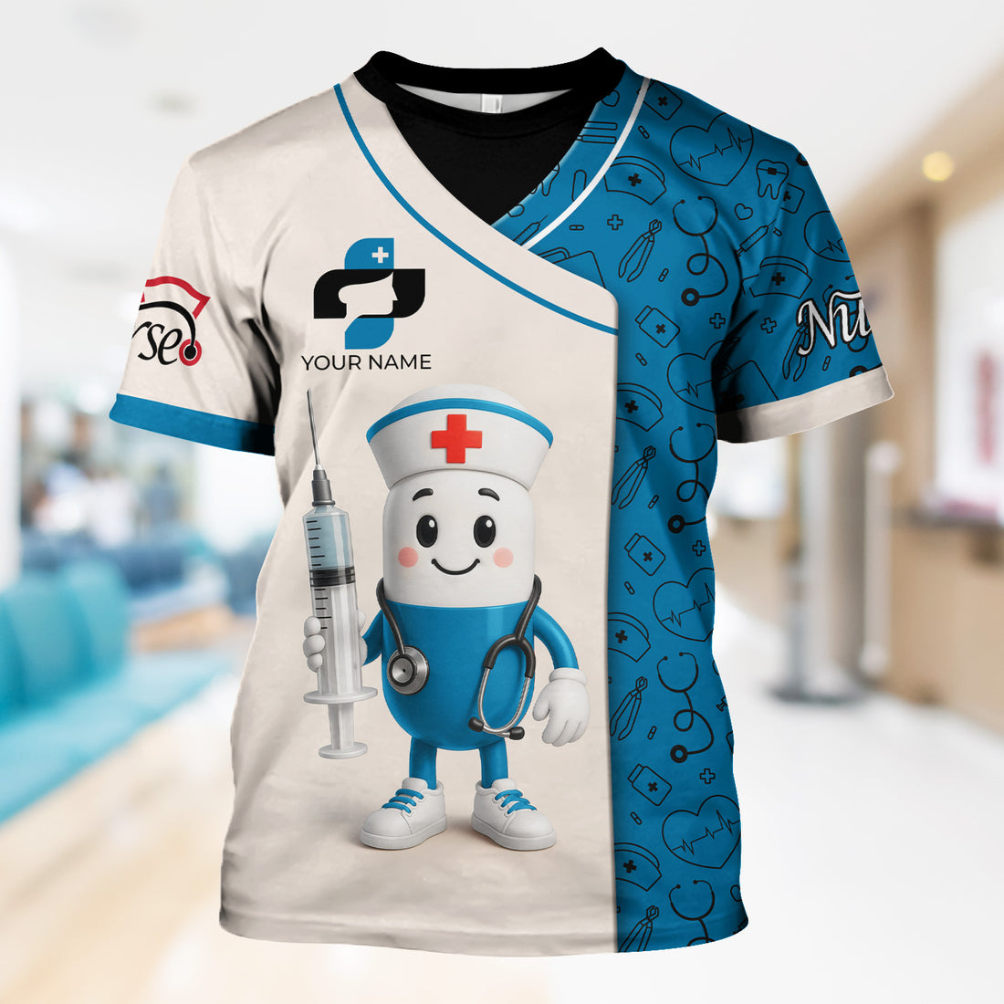 Personalized Medical Nurse Shirt - Cute Pill Cartoon Doctor with Syringe Stethoscope Design - Custom Name Gift for RN LPN CNA Multiple Color Options Available