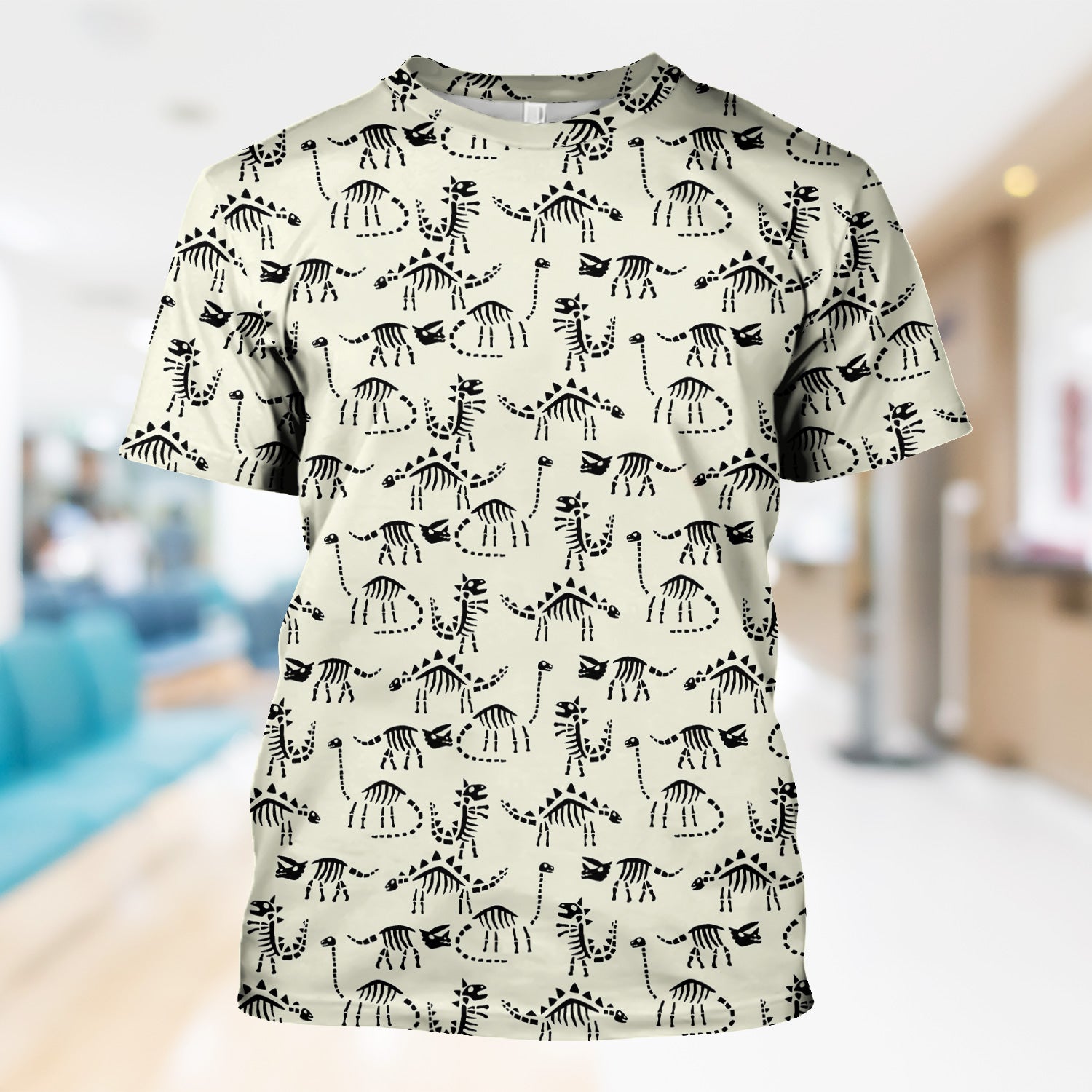 Funny Dinosaur Skeleton Scrub Top - Cute Dino Fossil Pattern Graphic Design - RN LPN CNA Healthcare Workers Gift