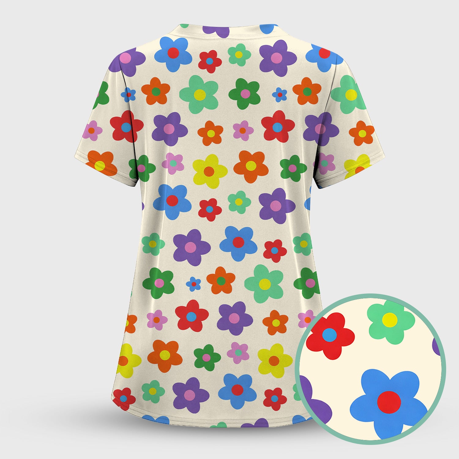 Colorful Retro Flower Pattern Print Scrub Top, Breathable Fabrics Nursing Uniform