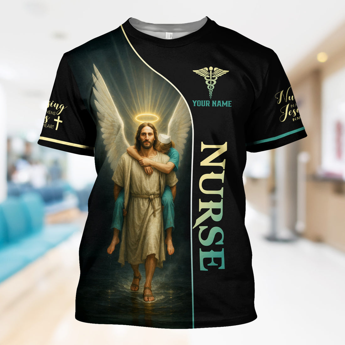 Christian Nurse T-Shirt - Personalized Jesus Angel Wings Graphic - Religious Gift for RN LPN Healthcare Workers