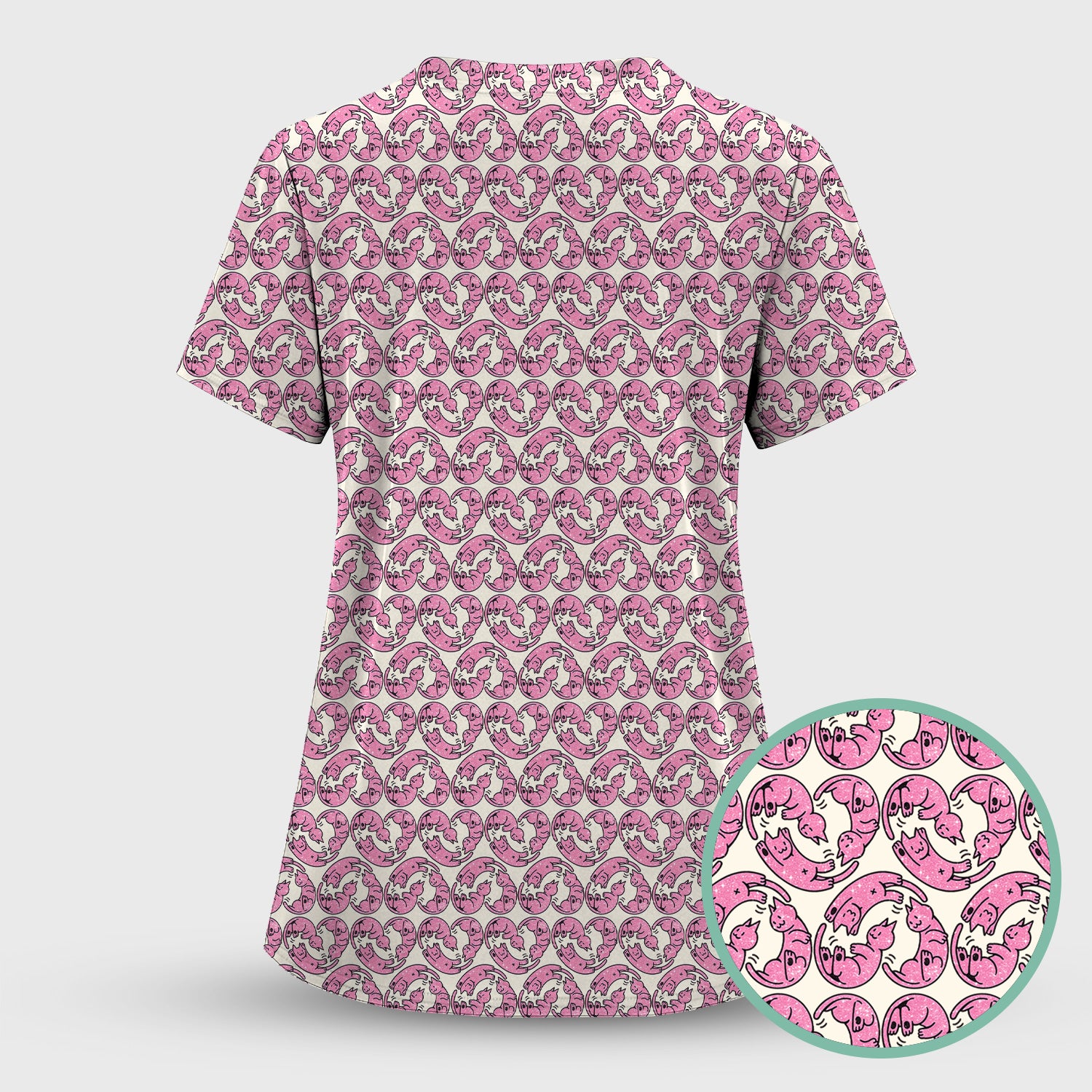 Cute Pink Cat Cartoon Pattern Scrub Top, Comfortable Scrubs for Nurses