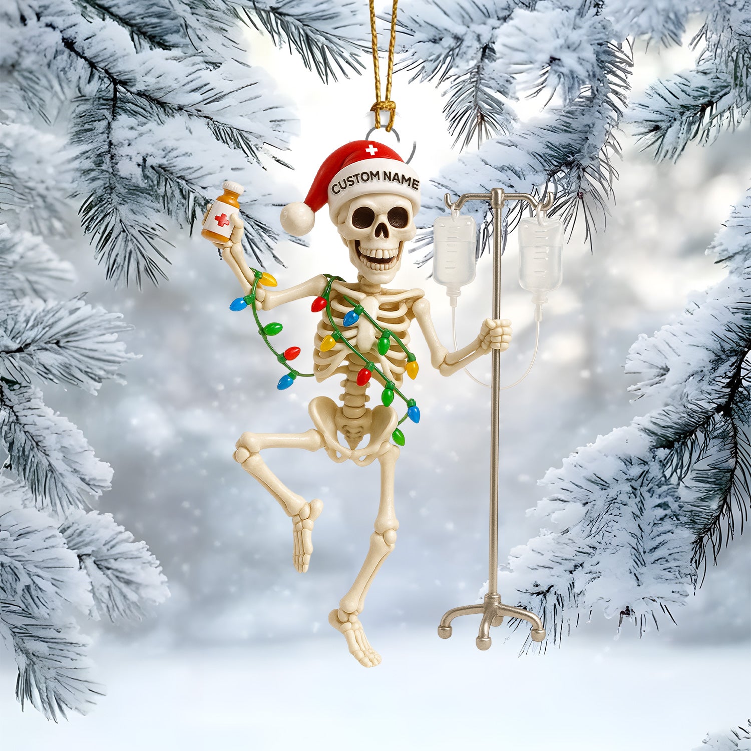 Personalized Skeleton Nurse Christmas Ornament – Funny Medical IV Pole Holiday Decor – Custom Name Dancing Skeleton Tree Ornament for Nurses & Healthcare Workers