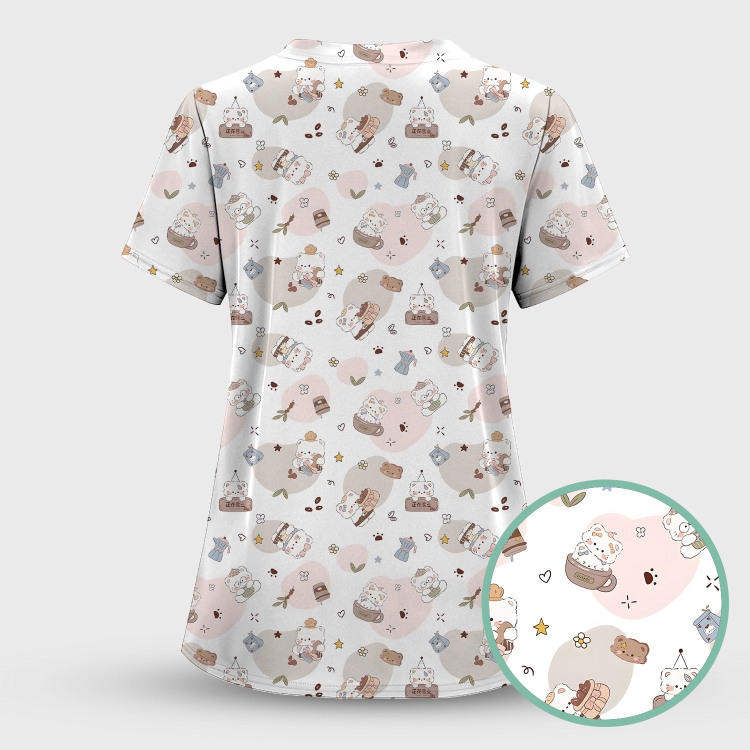 Cute Cat With Coffee Paw Heart Pattern Scrub Set, Scrub Pants and V Neck Top