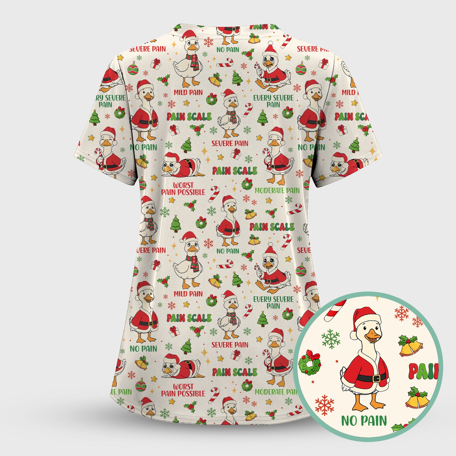 Funny Goose Christmas Scrub Top - Pain Scale Nurse Pattern Shirt - Cute Holiday Medical Scrubs for Women