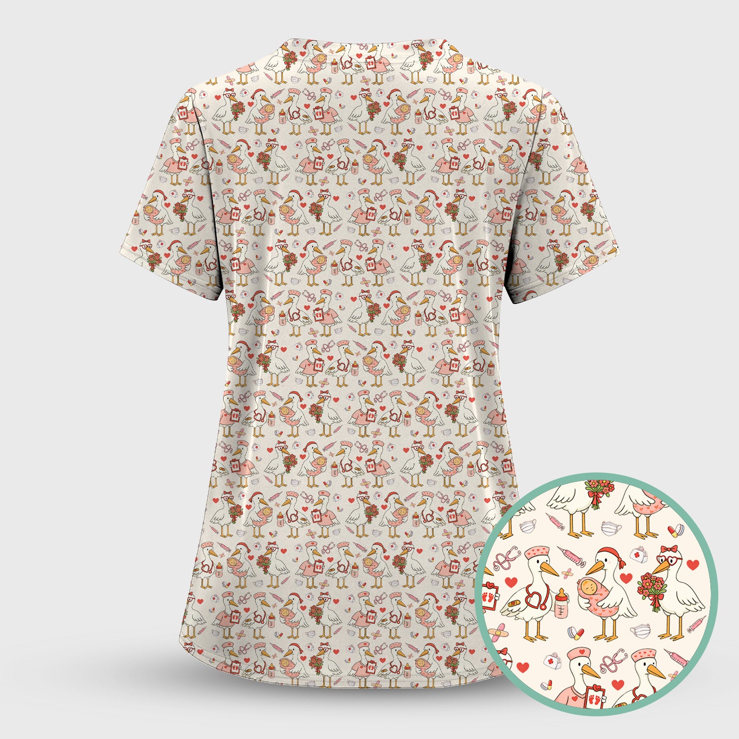 Cute Goose Nurse Valentine Print Scrub Set, Breathable Med Uniform