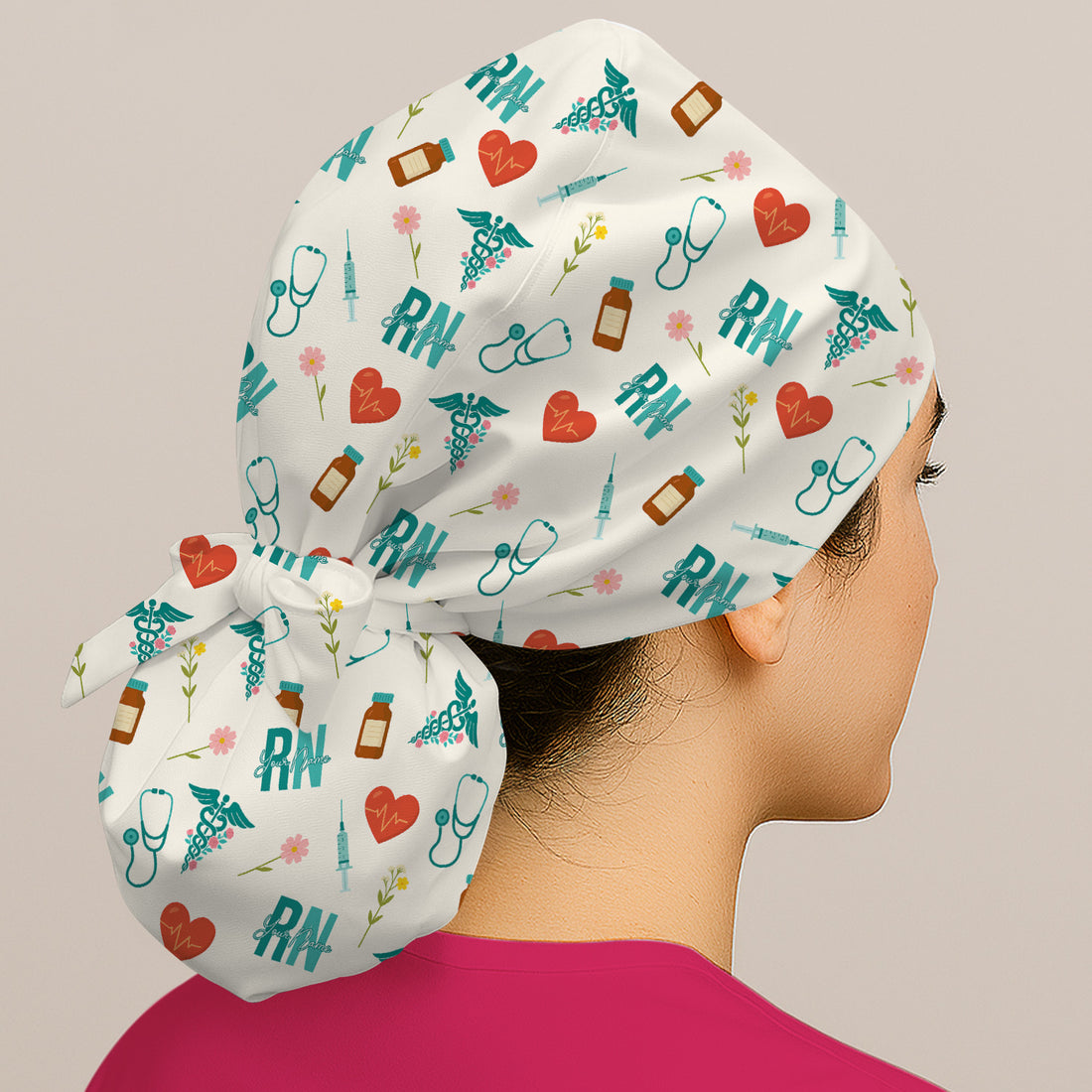 Personalized RN Scrub Cap - Cute Medical & Floral Design - Gift for CNA, LPN, Medical Worker