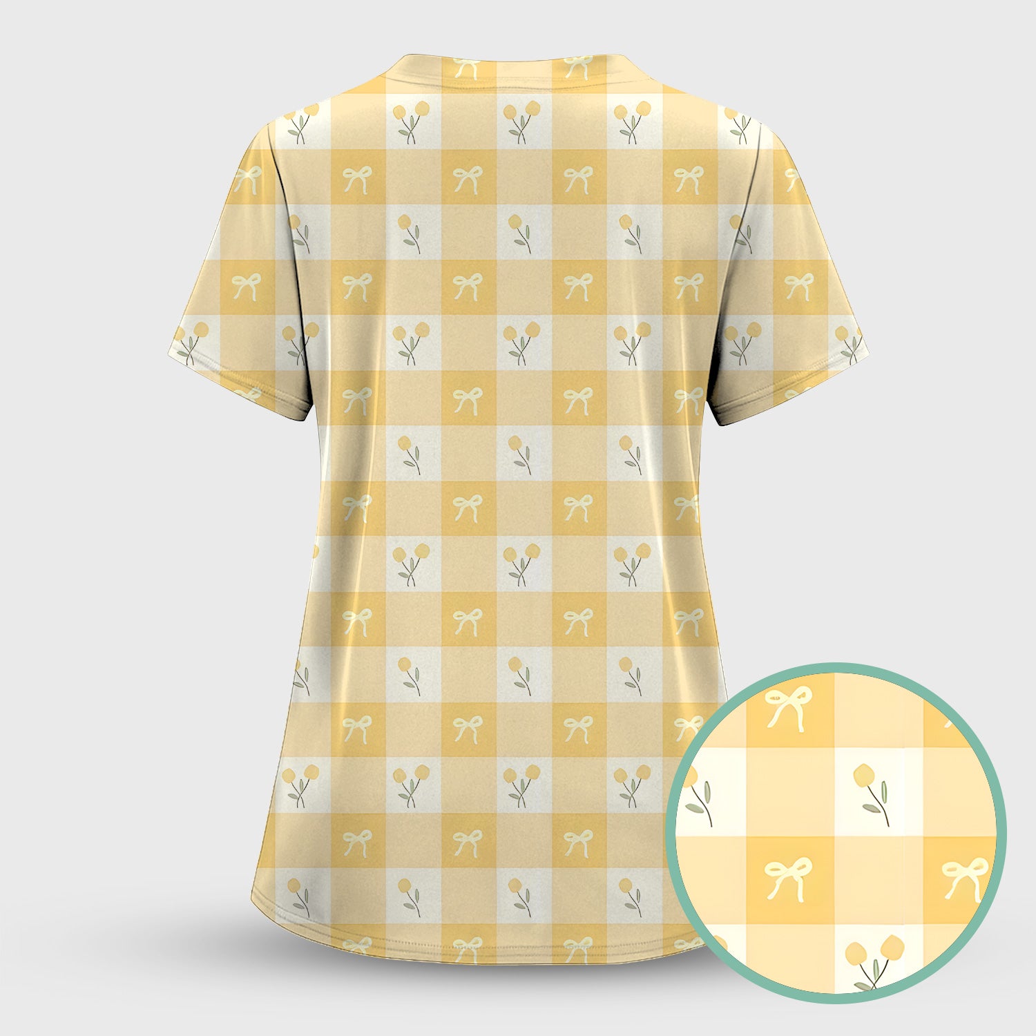 Yellow Gingham Bow Floral Pattern Scrub Set, Scrub Pants and V Neck Top