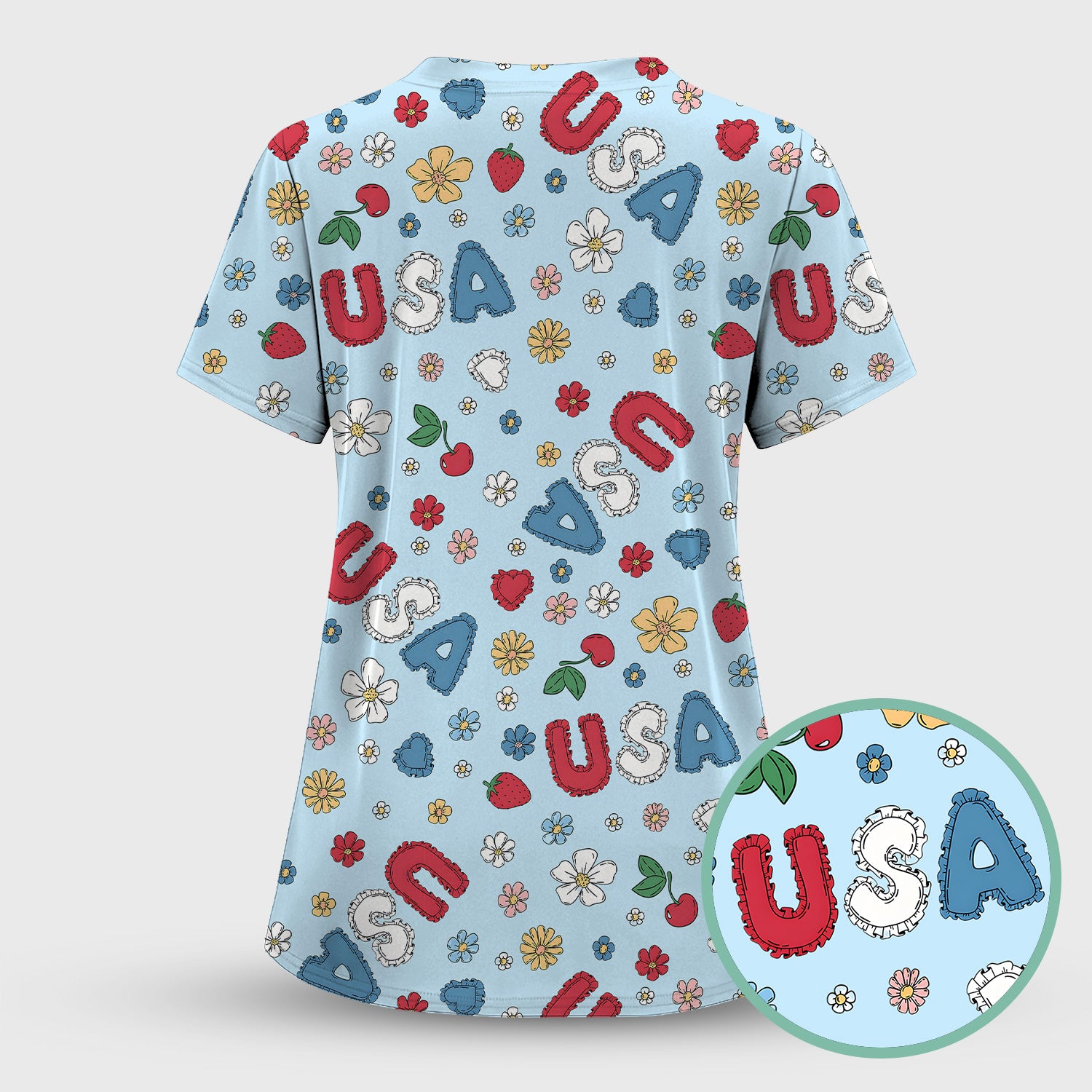 USA Cherry Strawberry Floral Patch Pattern Scrub Set, Scrub Pants and V Neck Top