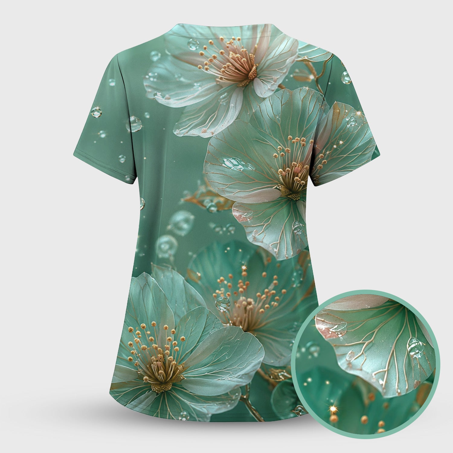 Elegant Mint Blossom Dewdrop Pattern Scrub Top, Comfortable Scrubs for Nurses