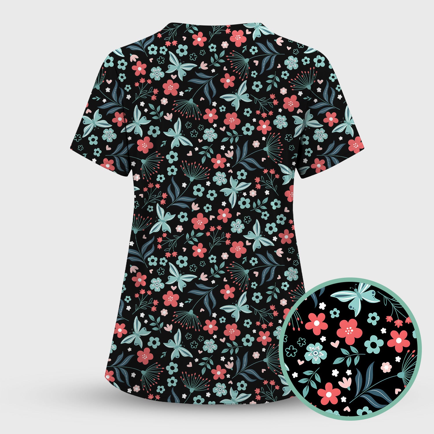 Cute Floral Butterfly Garden Print Scrub Top, Comfortable Scrubs for Nurses
