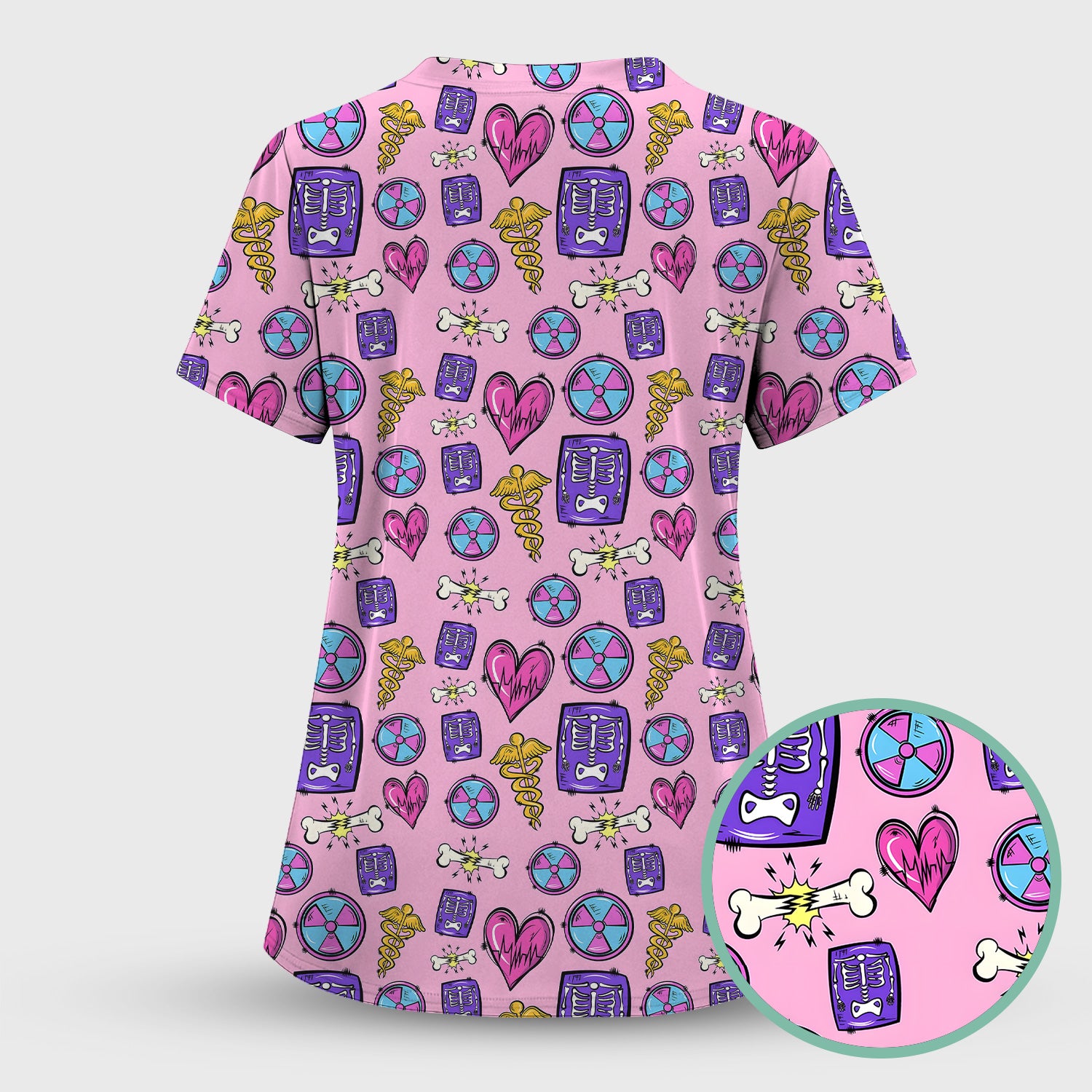 Sassy Nurse Heart Bone Caduceus Xray Icon Print Scrub Set, Scrub Pants and V Neck Top
