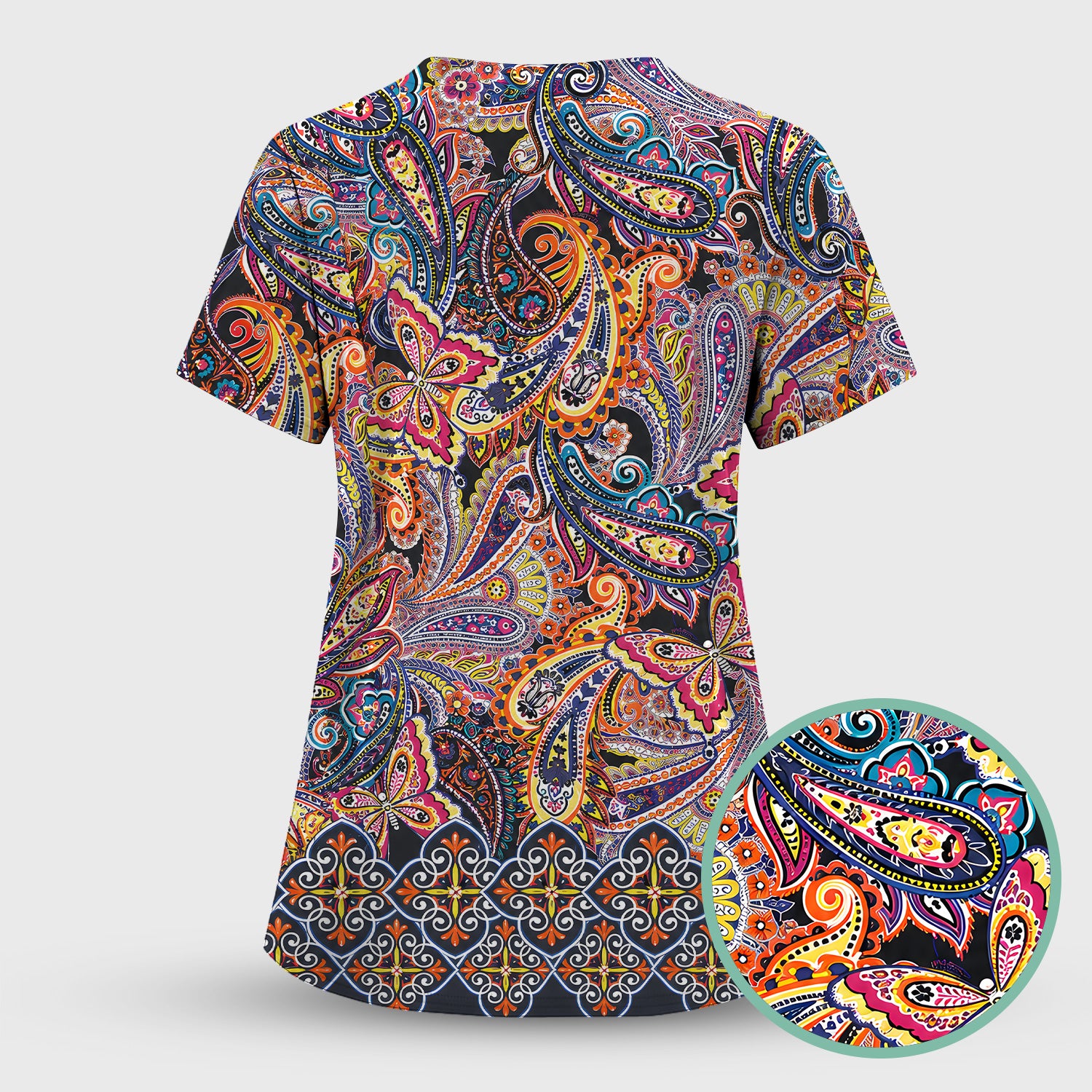 Colorful Bohemian Paisley Floral Pattern Scrub Top, Comfortable Scrubs for Nurses