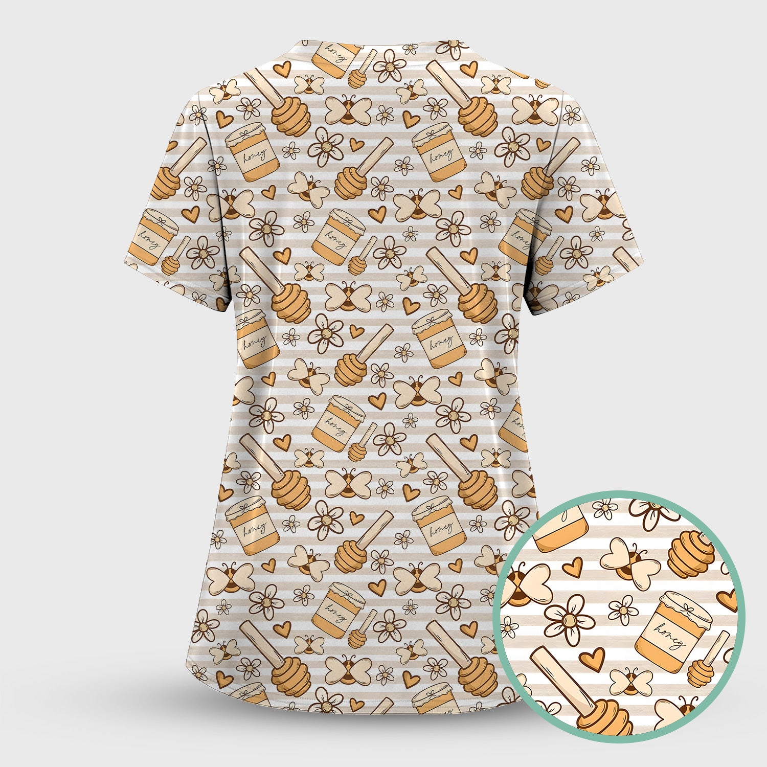 Honey Jar With Daisy Flower Pattern Scrub Set, Scrub Pants and V Neck Top